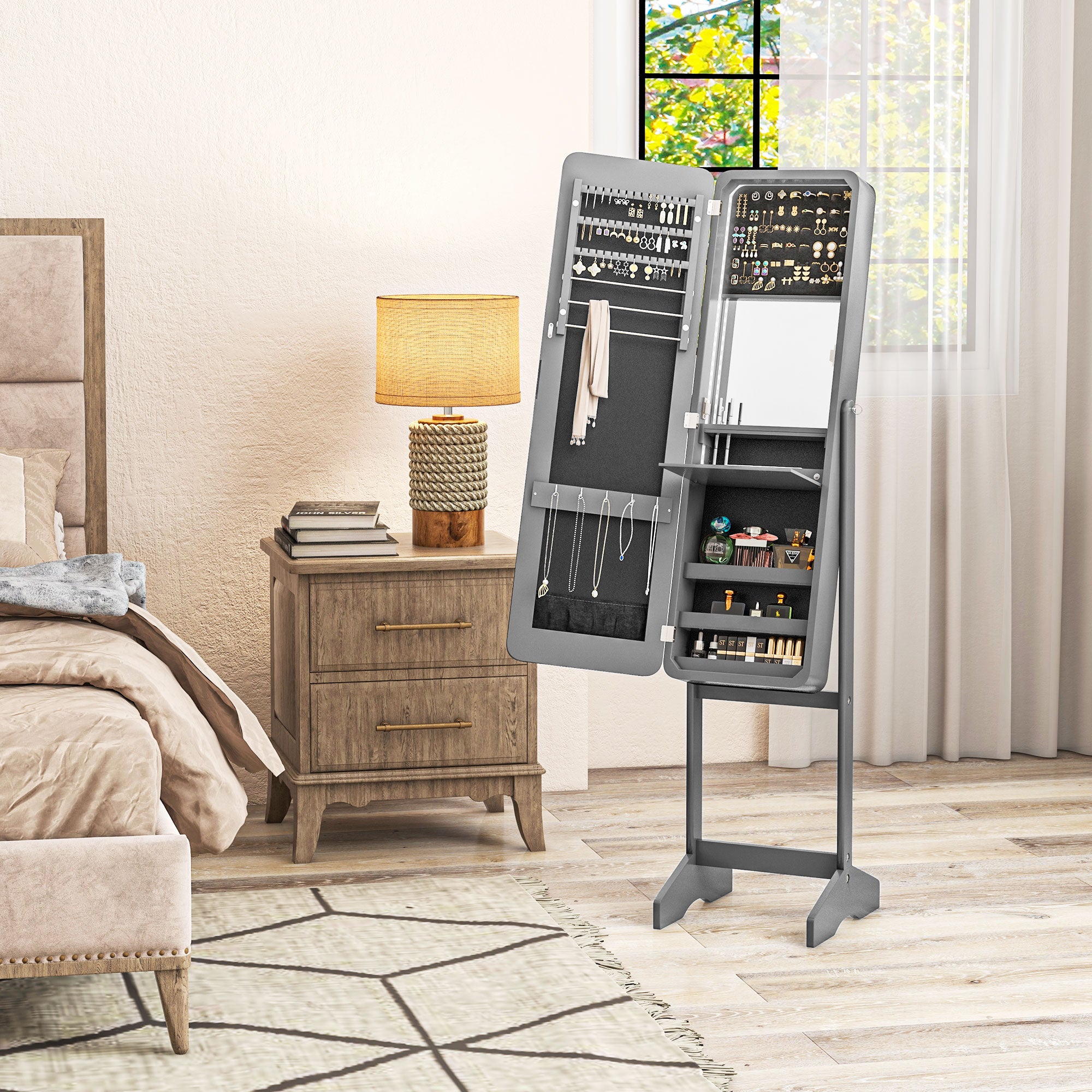 HOMCOM Freestanding Mirrored Jewelry Cabinet, LED Lighted Jewelry Armoire, Storage Organizer with Stand, Angle Adjustable, Grey