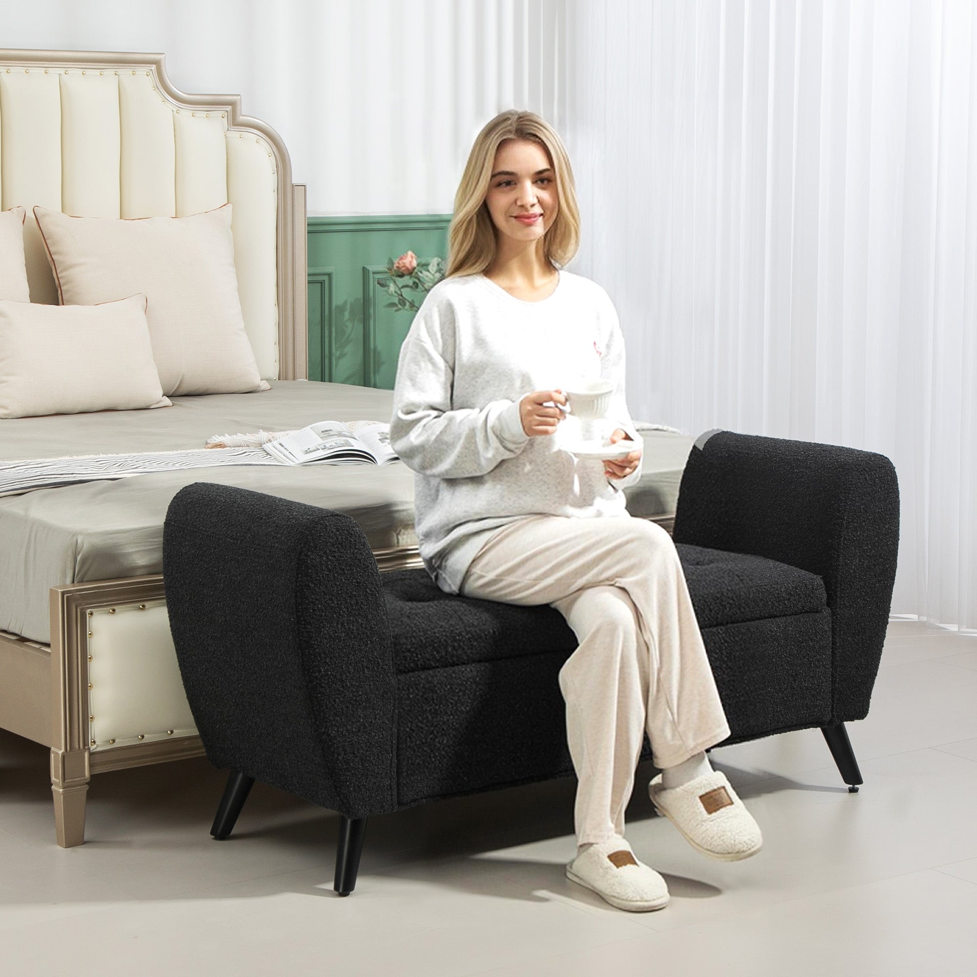 HOMCOM Upholstered Storage Bench with Arms, Modern Ottoman Bench for Bedroom, Entryway, and Living Room, Black