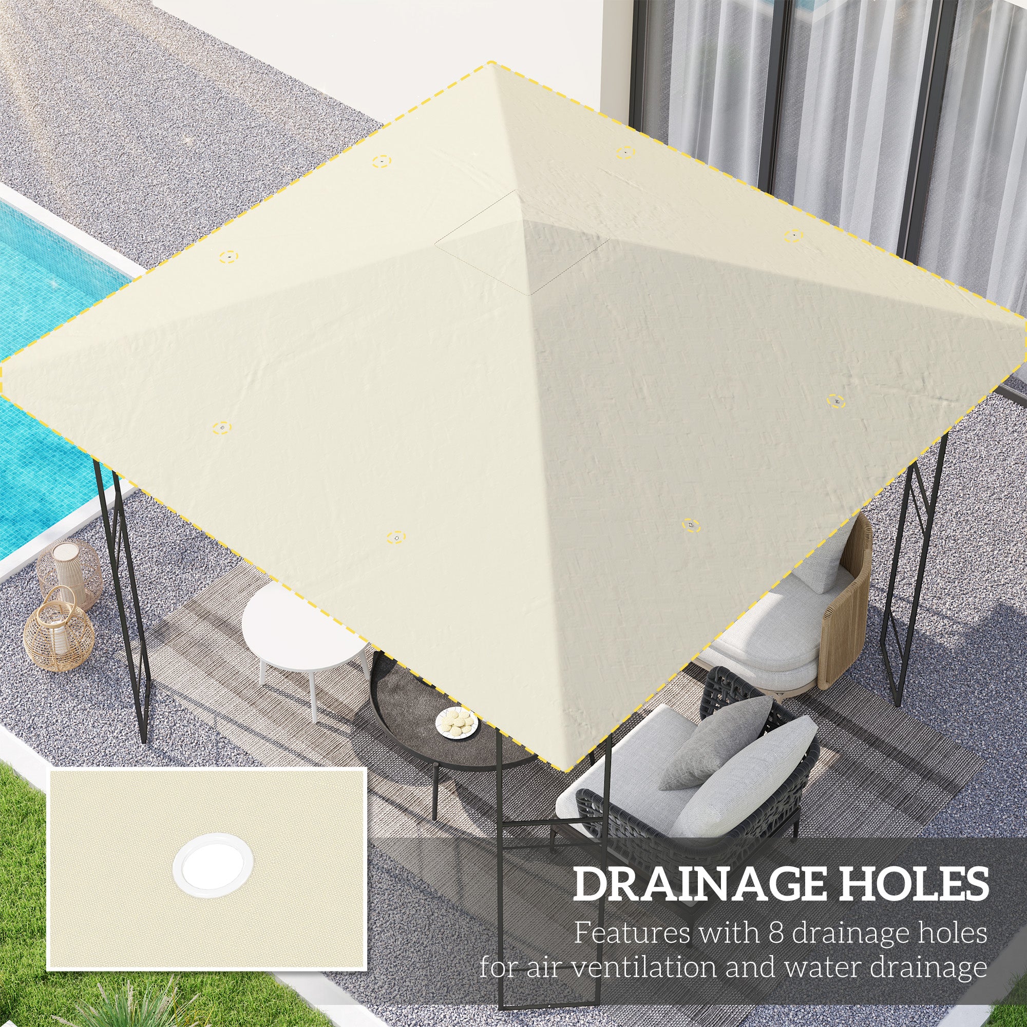 Outsunny 10' x 10' Gazebo Replacement Canopy Cover, Outdoor Gazebo Roof Replacement with Drain Holes, Water Resistant PVC Coating, 370g/ãŽ? UPF30+, TOP COVER ONLY, Cream White