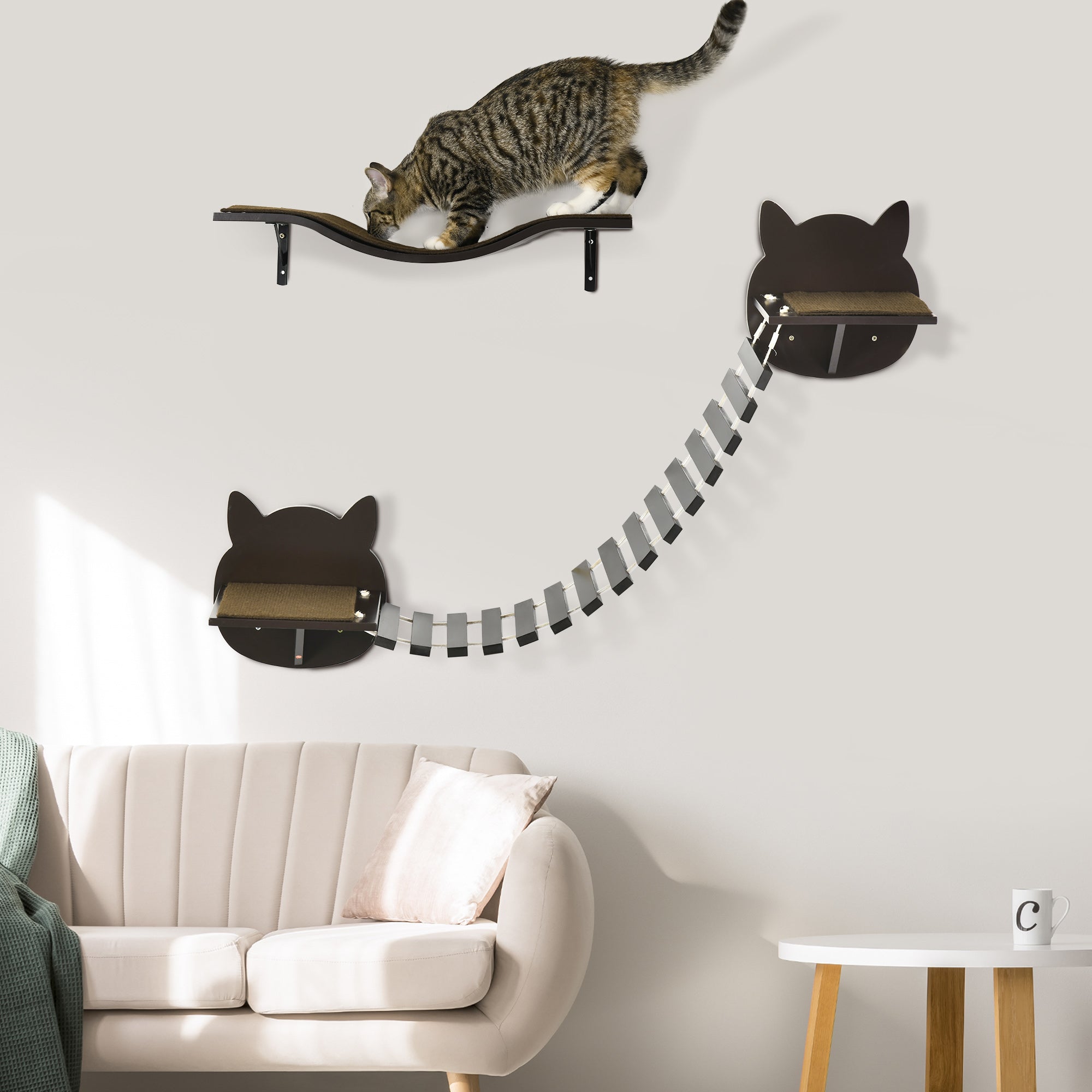 PawHut 2 pcs. Cat Wall Shelves, Pet Wall-mounted Climbing Shelf Set, Kitten Activity Center with Cushion, Jumping Platform, Ladder, Coffee Brown