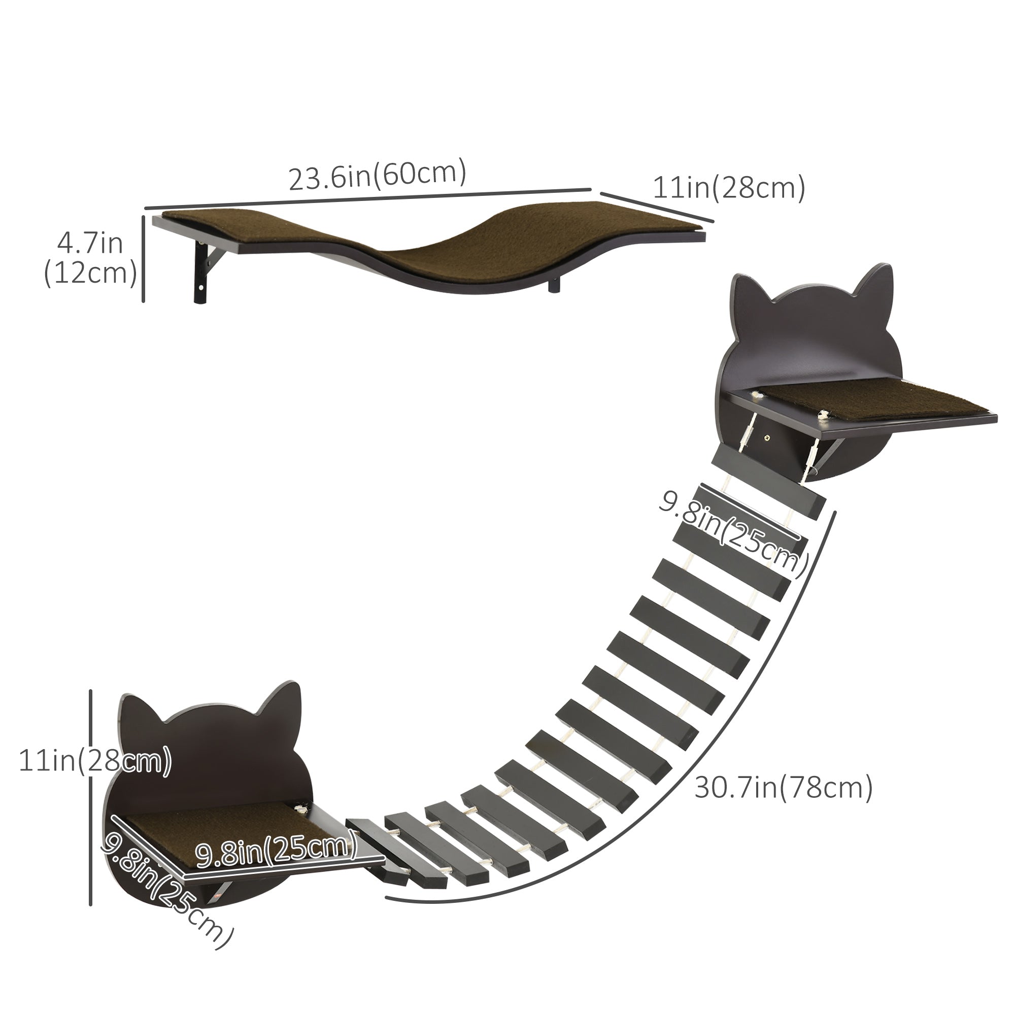 PawHut 2 pcs. Cat Wall Shelves, Pet Wall-mounted Climbing Shelf Set, Kitten Activity Center with Cushion, Jumping Platform, Ladder, Coffee Brown