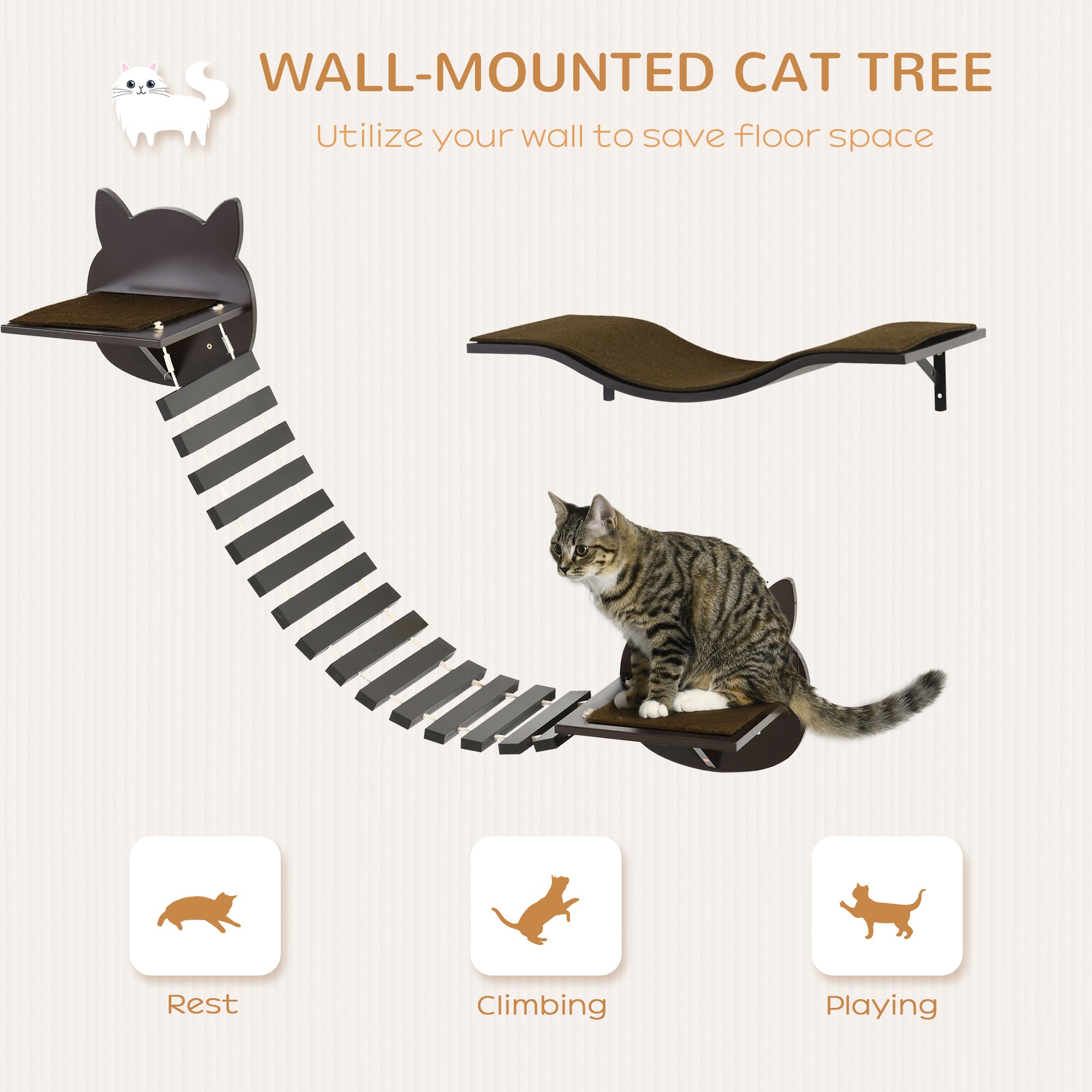 PawHut 2 pcs. Cat Wall Shelves, Pet Wall-mounted Climbing Shelf Set, Kitten Activity Center with Cushion, Jumping Platform, Ladder, Coffee Brown