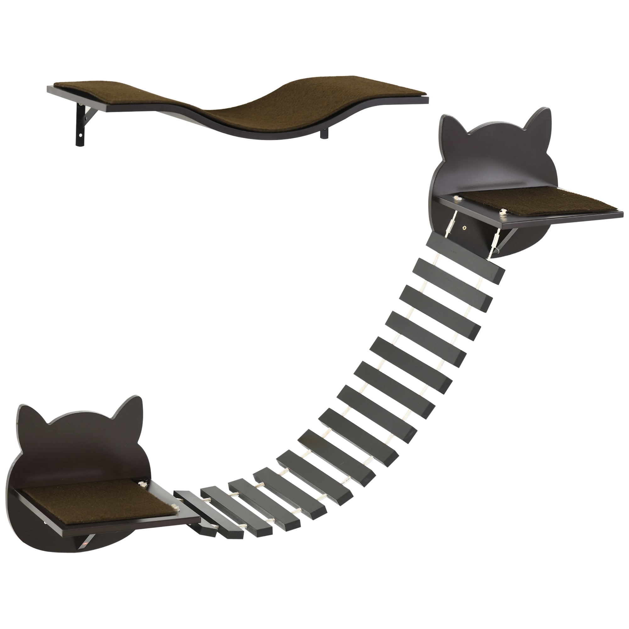 PawHut 2 pcs. Cat Wall Shelves, Pet Wall-mounted Climbing Shelf Set, Kitten Activity Center with Cushion, Jumping Platform, Ladder, Coffee Brown