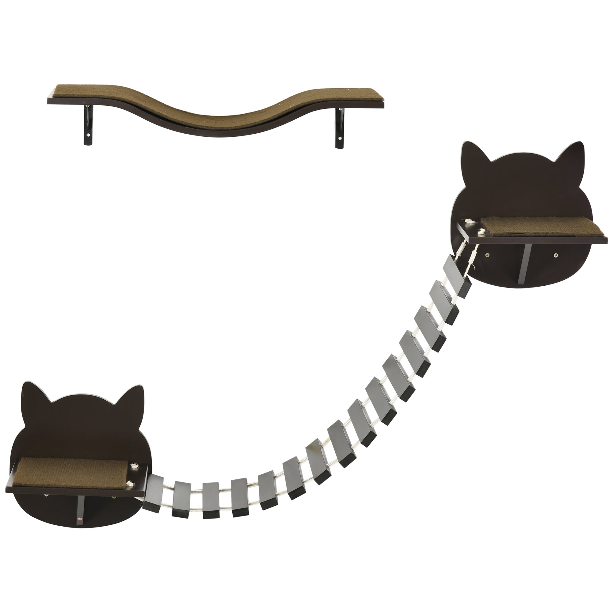 PawHut 2 pcs. Cat Wall Shelves, Pet Wall-mounted Climbing Shelf Set, Kitten Activity Center with Cushion, Jumping Platform, Ladder, Coffee Brown