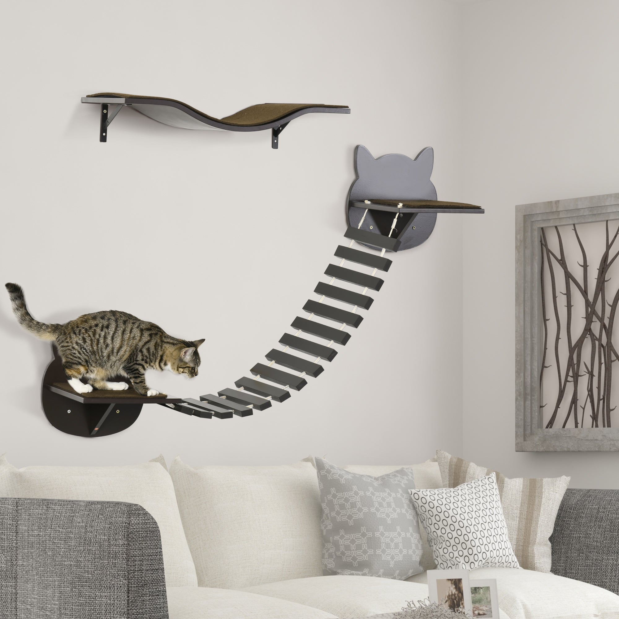 PawHut 2 pcs. Cat Wall Shelves, Pet Wall-mounted Climbing Shelf Set, Kitten Activity Center with Cushion, Jumping Platform, Ladder, Coffee Brown