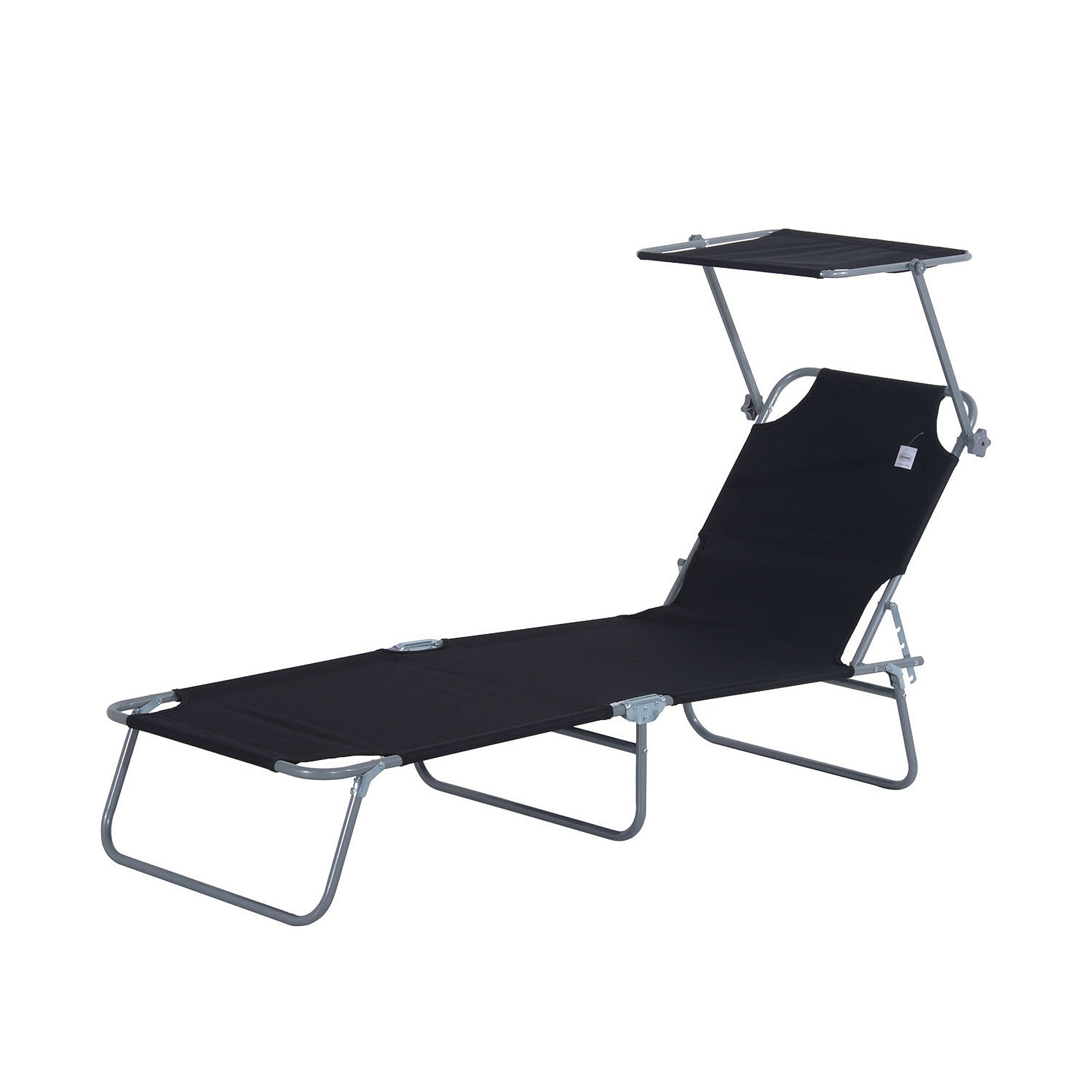 Outsunny Outdoor Lounge Chair, Adjustable Folding Chaise Lounge, Tanning Chair with Sun Shade for Beach, Camping, Hiking, Backyard, Black