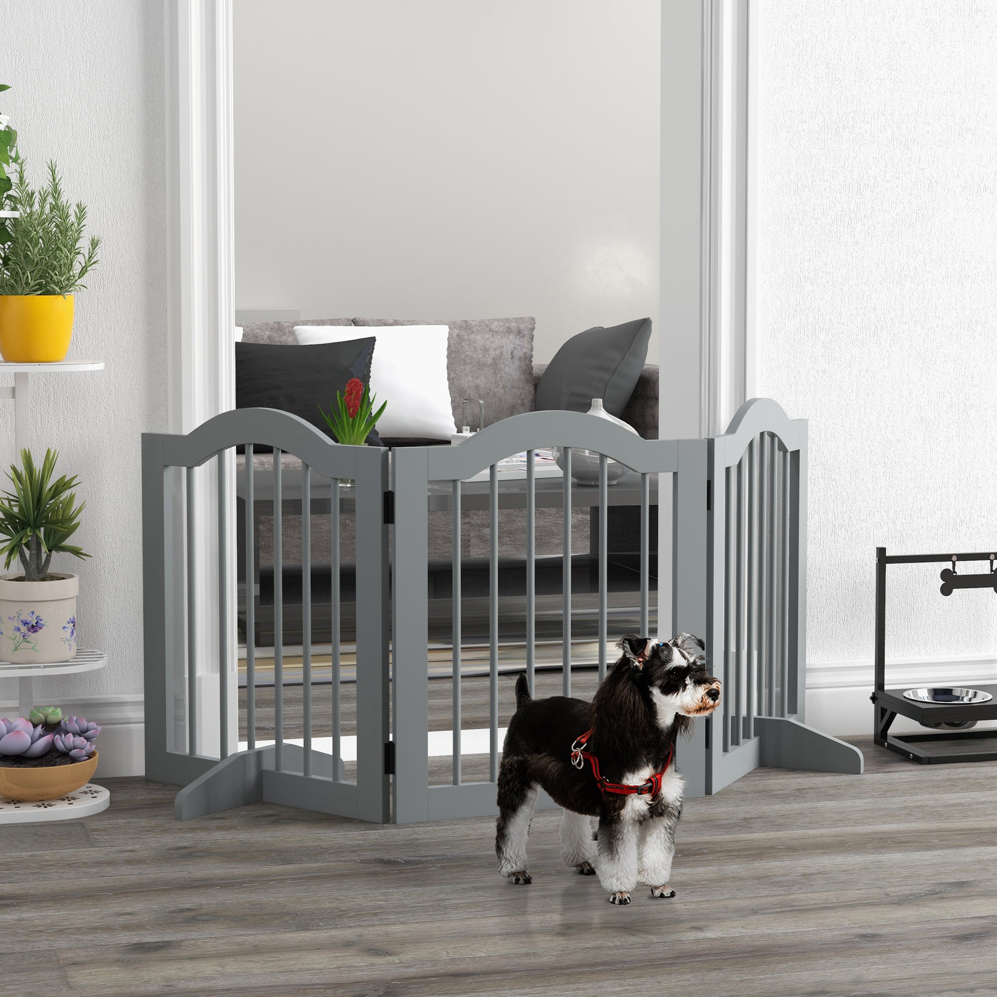 PawHut Freestanding Pet Gate for Dogs 24" Tall Foldable Dog Gates Indoor Wooden Barrier 3 Panels with 2 Support Feet, for Doorway Stairs, Light Grey