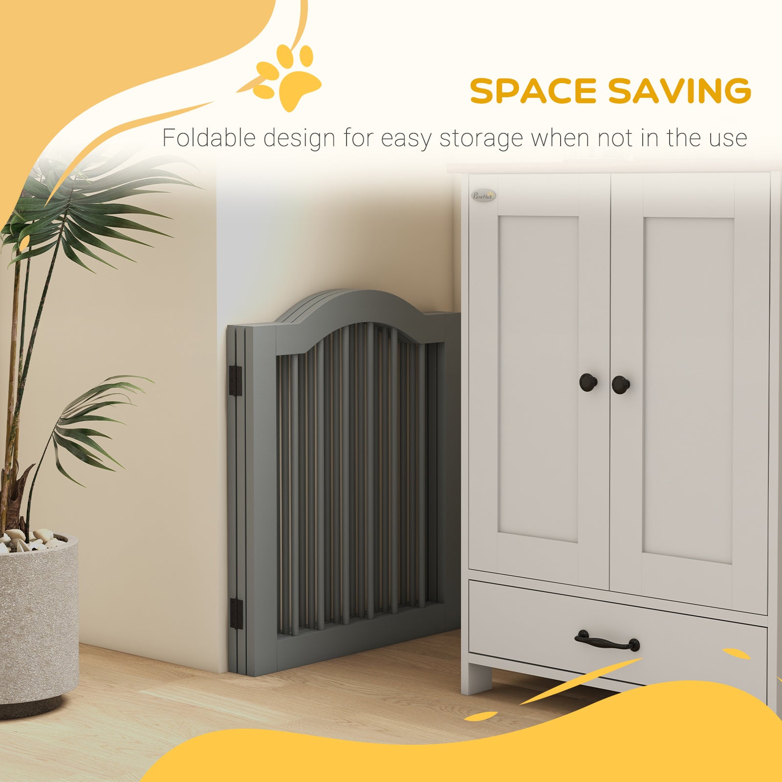 PawHut Freestanding Pet Gate for Dogs 24" Tall Foldable Dog Gates Indoor Wooden Barrier 3 Panels with 2 Support Feet, for Doorway Stairs, Light Grey