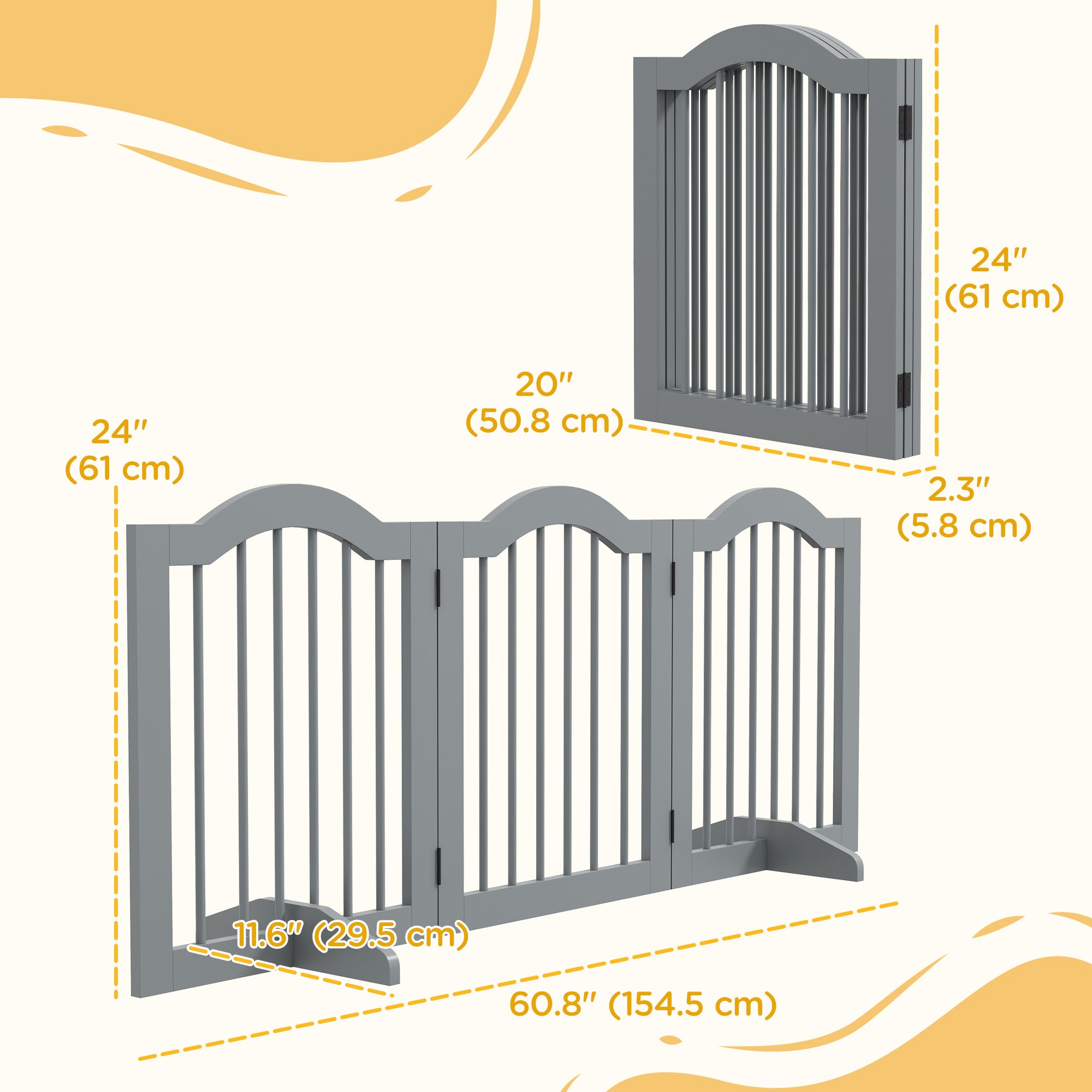 PawHut Freestanding Pet Gate for Dogs 24" Tall Foldable Dog Gates Indoor Wooden Barrier 3 Panels with 2 Support Feet, for Doorway Stairs, Light Grey