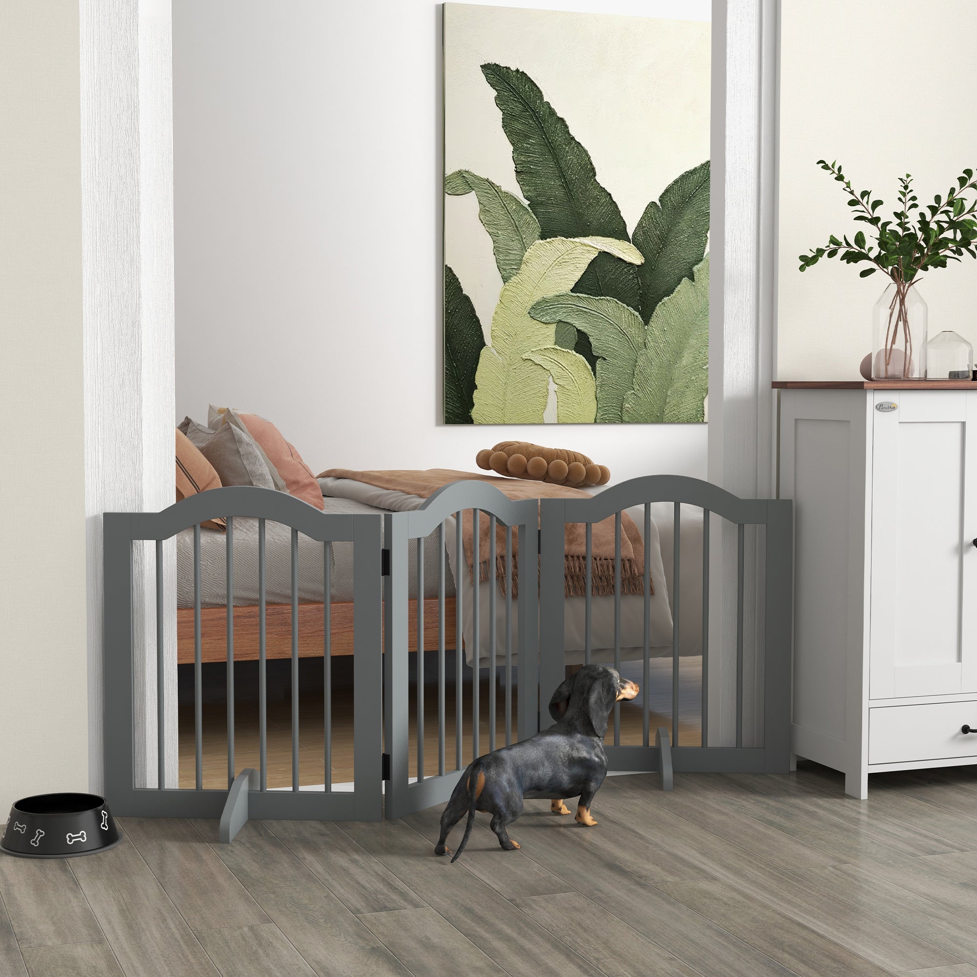 PawHut Freestanding Pet Gate for Dogs 24" Tall Foldable Dog Gates Indoor Wooden Barrier 3 Panels with 2 Support Feet, for Doorway Stairs, Light Grey