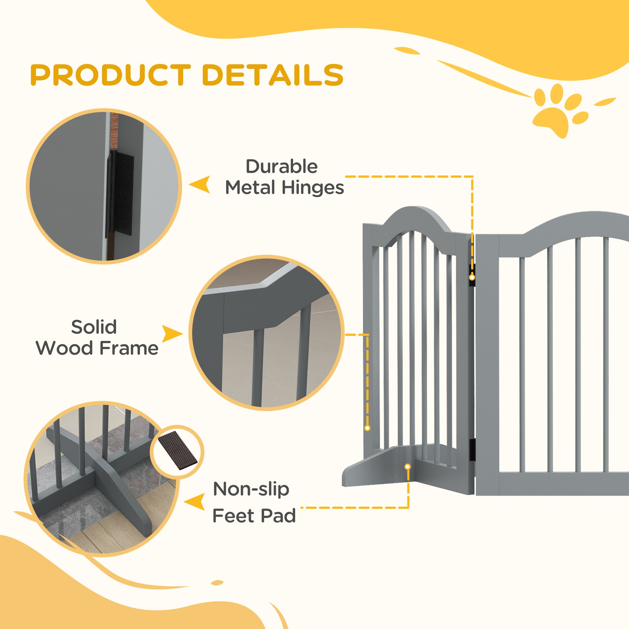 PawHut Freestanding Pet Gate for Dogs 24" Tall Foldable Dog Gates Indoor Wooden Barrier 3 Panels with 2 Support Feet, for Doorway Stairs, Light Grey