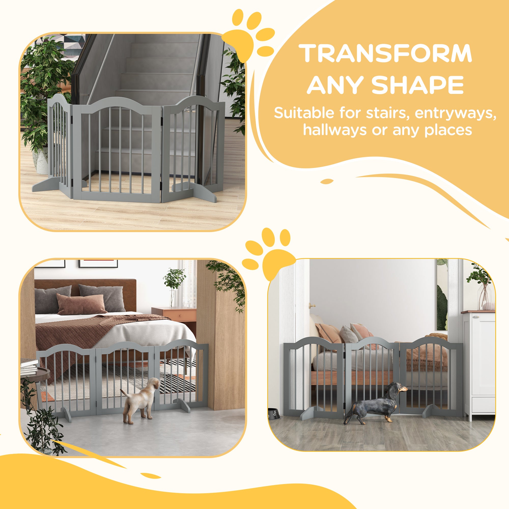 PawHut Freestanding Pet Gate for Dogs 24" Tall Foldable Dog Gates Indoor Wooden Barrier 3 Panels with 2 Support Feet, for Doorway Stairs, Light Grey