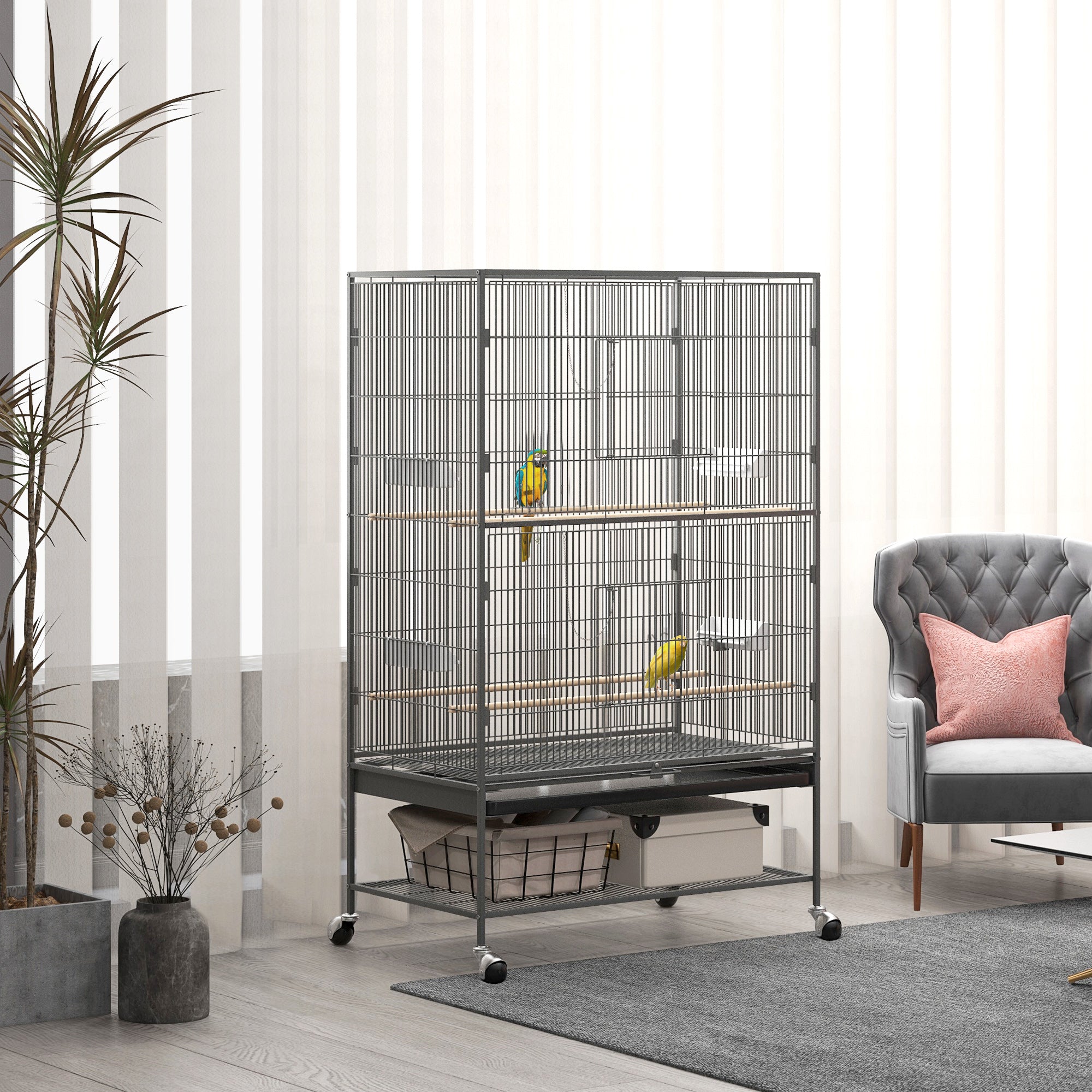 PawHut 60" Bird Cage with Stand for Cockatiels Canaries Lovebirds Finches, Budgie Cage with Wheels, Removable Tray, Storage Shelf