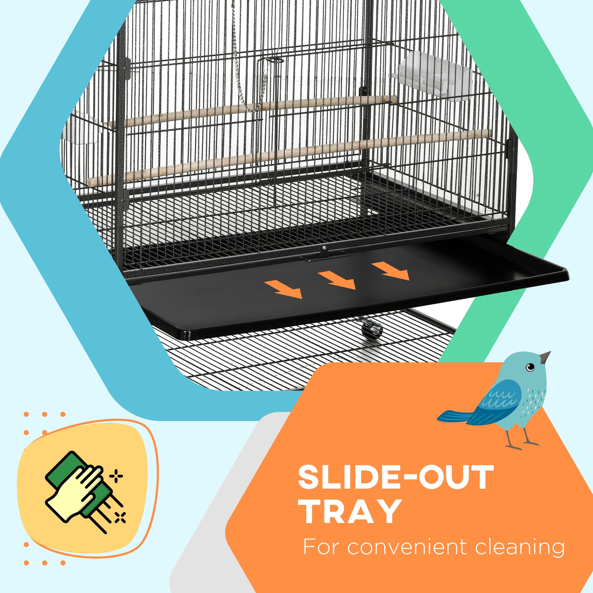 PawHut 60" Bird Cage with Stand for Cockatiels Canaries Lovebirds Finches, Budgie Cage with Wheels, Removable Tray, Storage Shelf