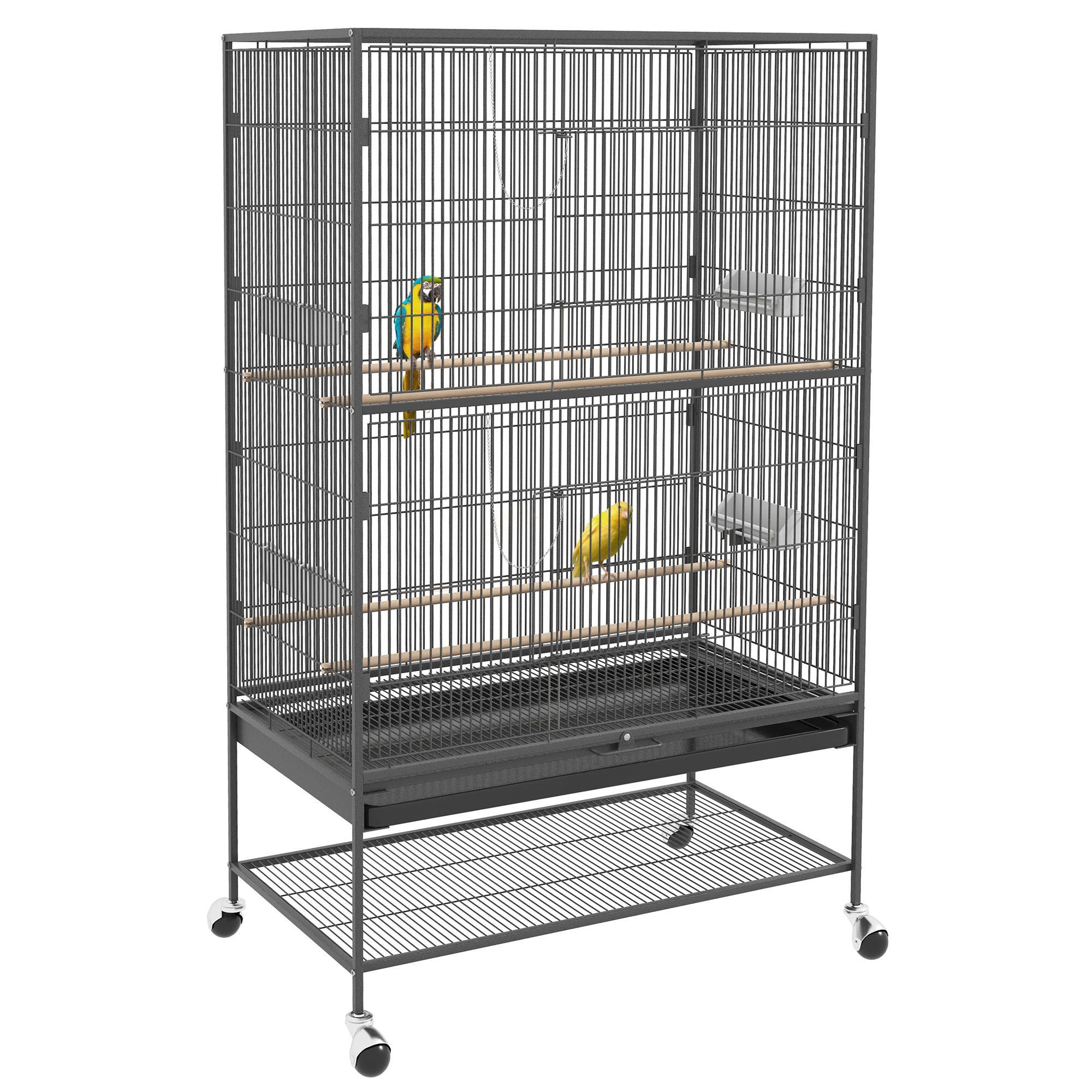 PawHut 60" Bird Cage with Stand for Cockatiels Canaries Lovebirds Finches, Budgie Cage with Wheels, Removable Tray, Storage Shelf