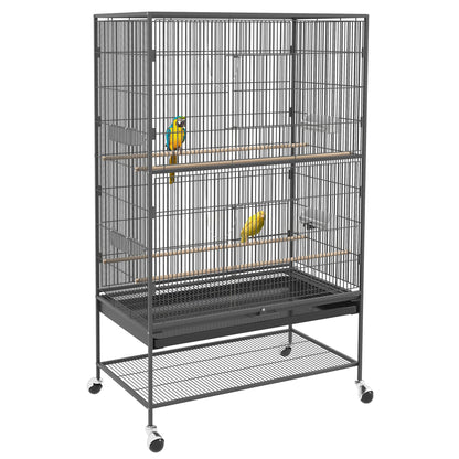 PawHut 60" Bird Cage with Stand for Cockatiels Canaries Lovebirds Finches, Budgie Cage with Wheels, Removable Tray, Storage Shelf