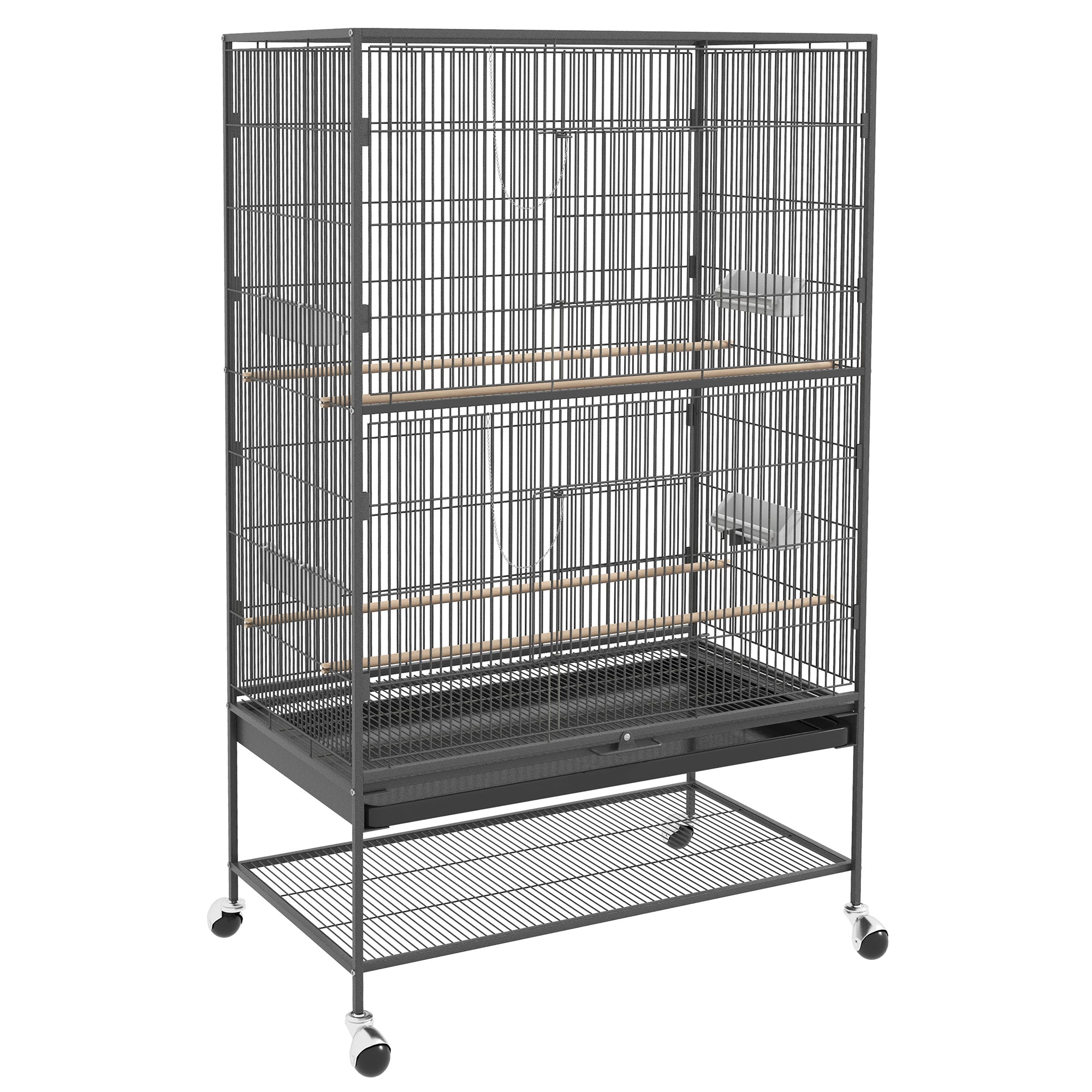 PawHut 60" Bird Cage with Stand for Cockatiels Canaries Lovebirds Finches, Budgie Cage with Wheels, Removable Tray, Storage Shelf