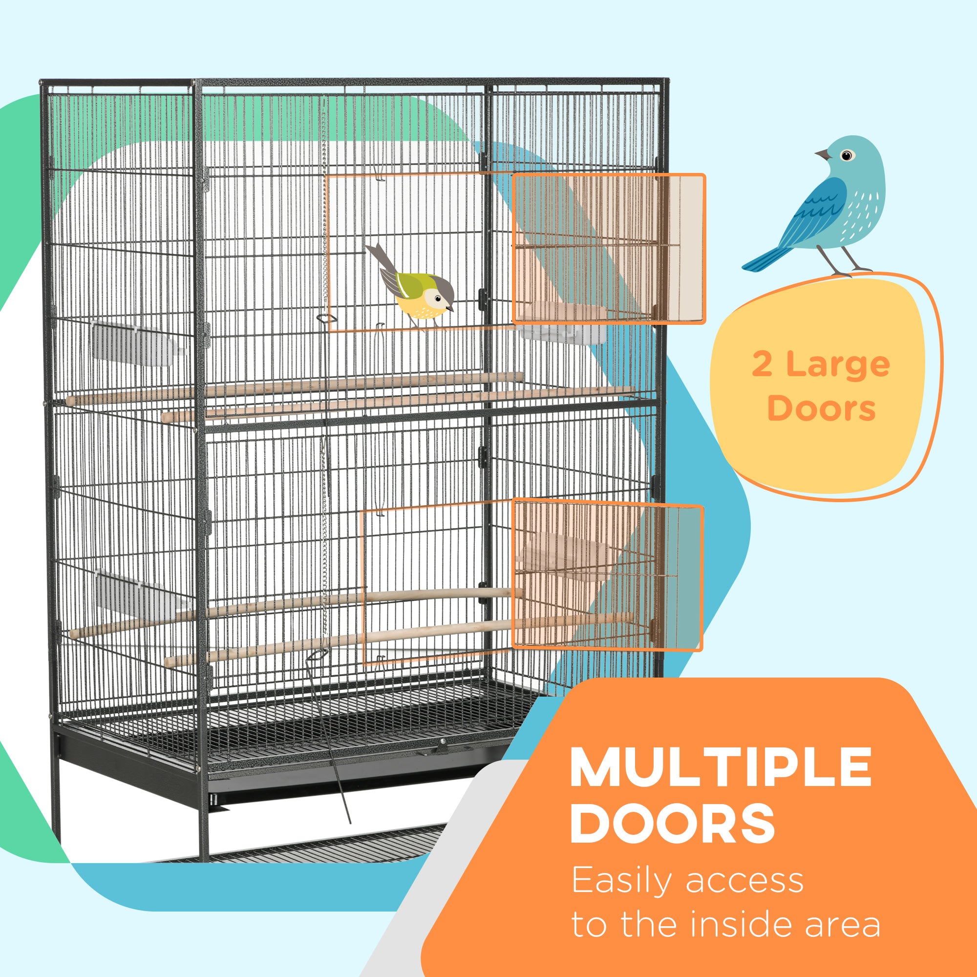 PawHut 60" Bird Cage with Stand for Cockatiels Canaries Lovebirds Finches, Budgie Cage with Wheels, Removable Tray, Storage Shelf