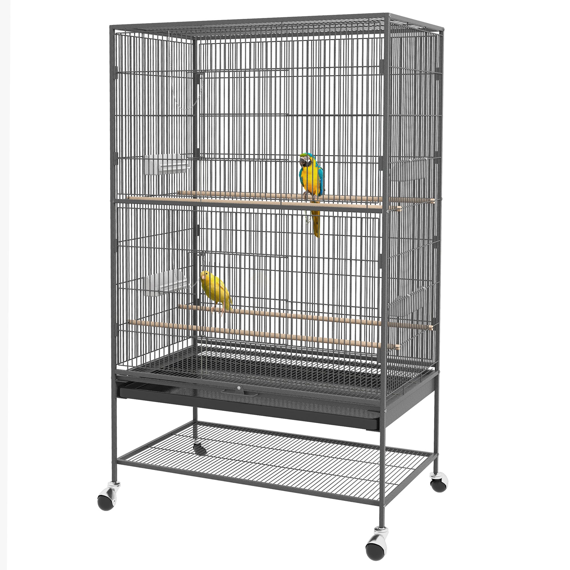 PawHut 60" Bird Cage with Stand for Cockatiels Canaries Lovebirds Finches, Budgie Cage with Wheels, Removable Tray, Storage Shelf