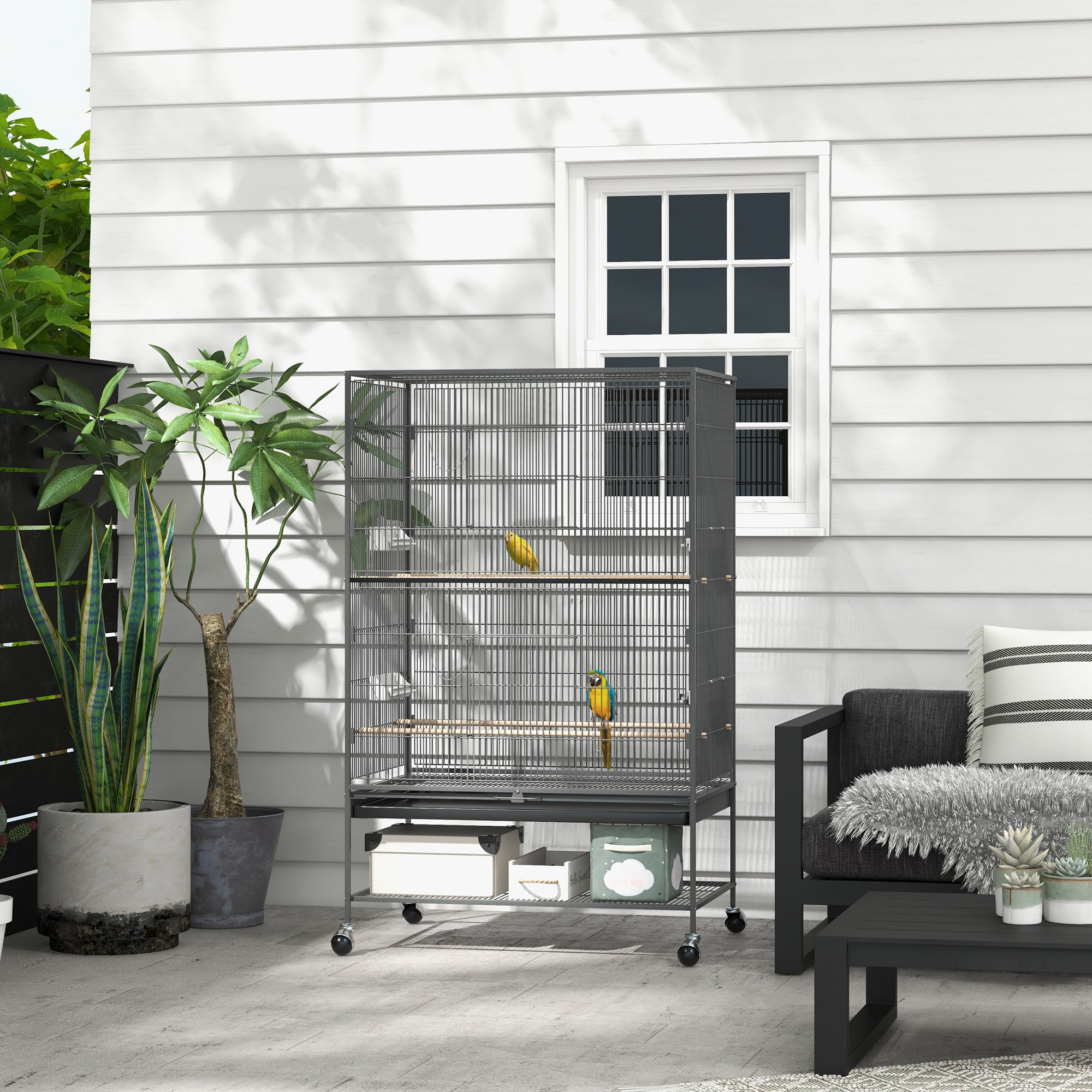 PawHut 60" Bird Cage with Stand for Cockatiels Canaries Lovebirds Finches, Budgie Cage with Wheels, Removable Tray, Storage Shelf