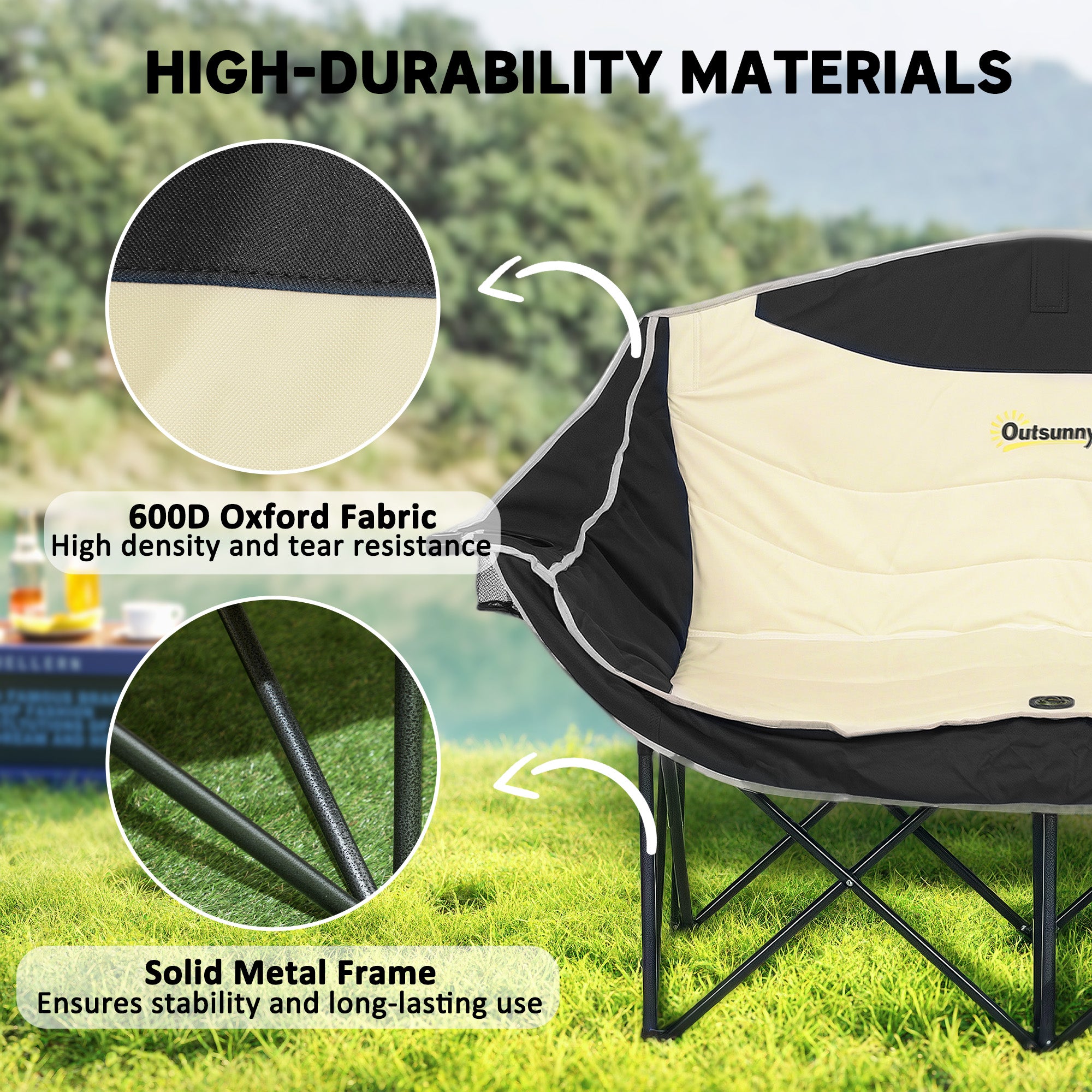 Outsunny Double Camping Chair, Portable Camp Chair with Cup Holder, Wine Glass Holder and Carry Bag, Padded Folding Loveseat for Hiking, Picnic, Beach, Support 551 lbs, Khaki