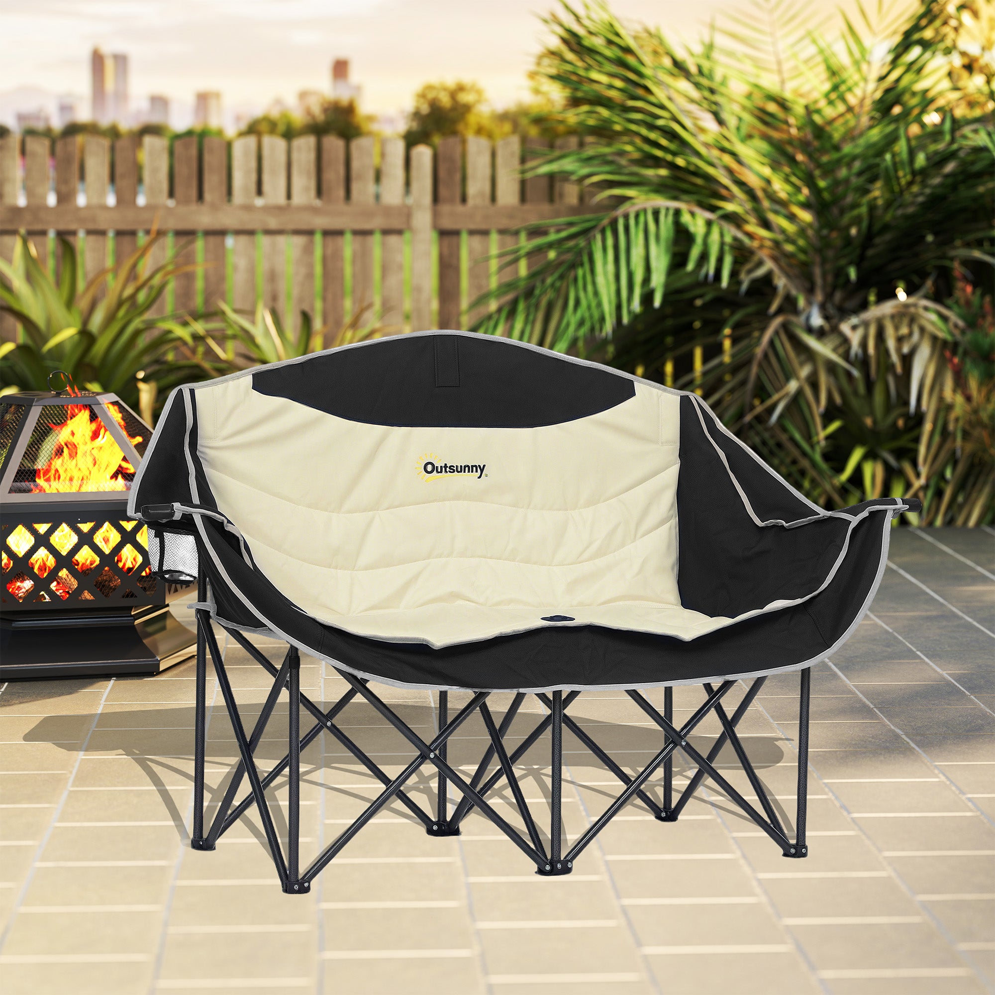 Outsunny Double Camping Chair, Portable Camp Chair with Cup Holder, Wine Glass Holder and Carry Bag, Padded Folding Loveseat for Hiking, Picnic, Beach, Support 551 lbs, Khaki