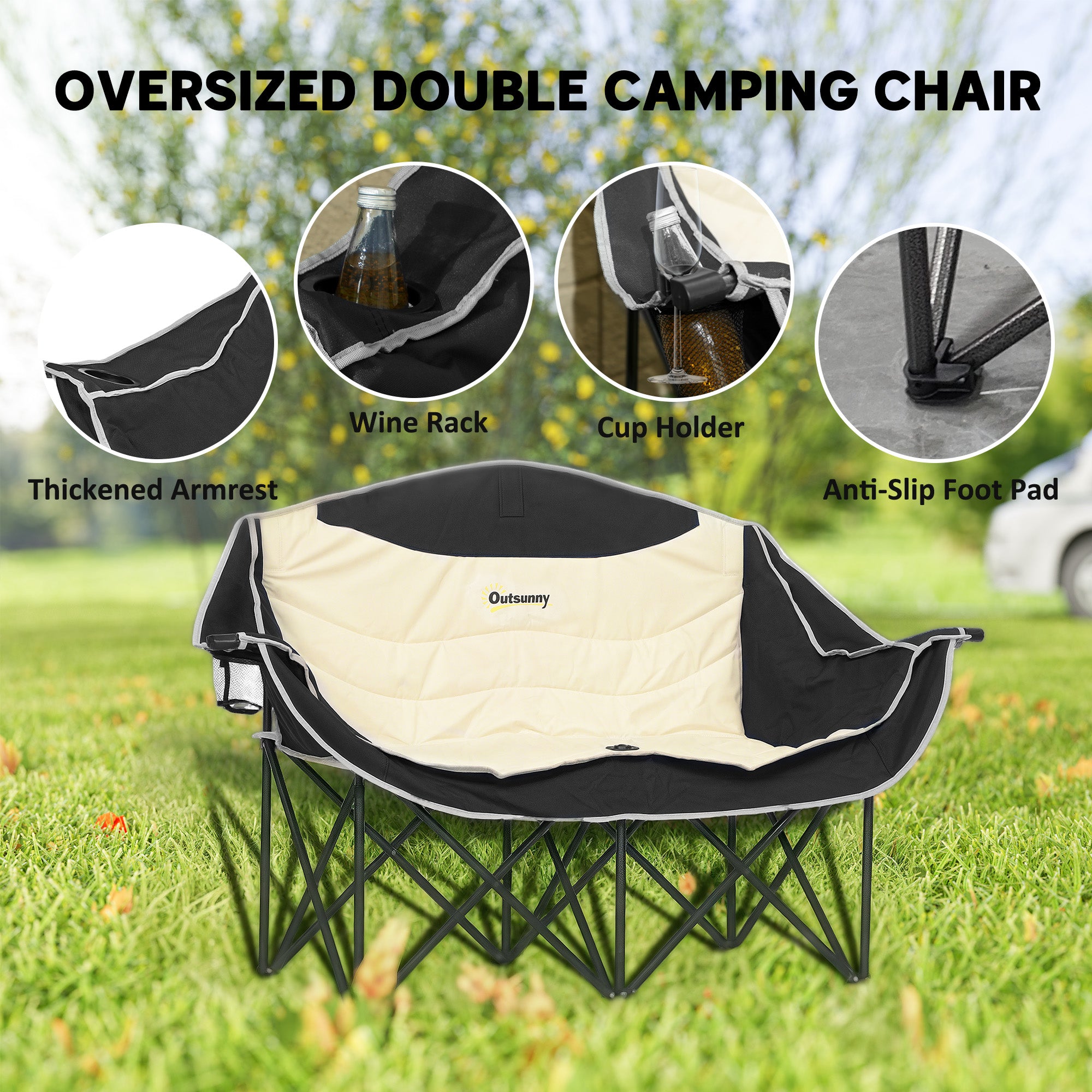 Outsunny Double Camping Chair, Portable Camp Chair with Cup Holder, Wine Glass Holder and Carry Bag, Padded Folding Loveseat for Hiking, Picnic, Beach, Support 551 lbs, Khaki