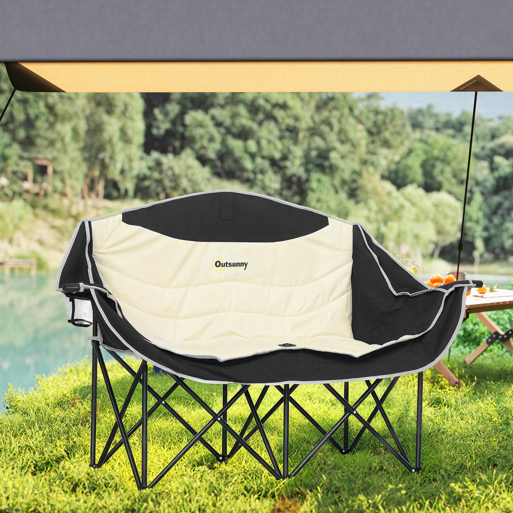 Outsunny Double Camping Chair, Portable Camp Chair with Cup Holder, Wine Glass Holder and Carry Bag, Padded Folding Loveseat for Hiking, Picnic, Beach, Support 551 lbs, Khaki