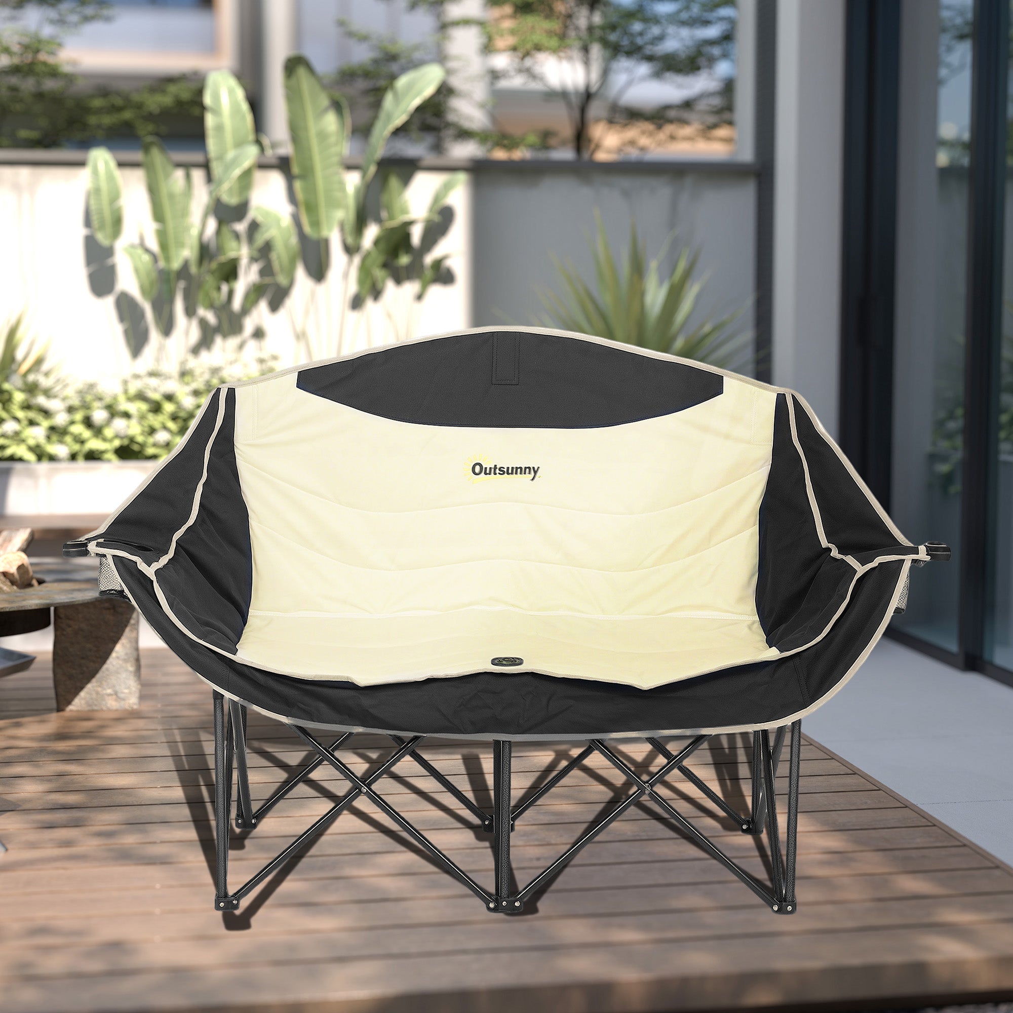 Outsunny Double Camping Chair, Portable Camp Chair with Cup Holder, Wine Glass Holder and Carry Bag, Padded Folding Loveseat for Hiking, Picnic, Beach, Support 551 lbs, Khaki