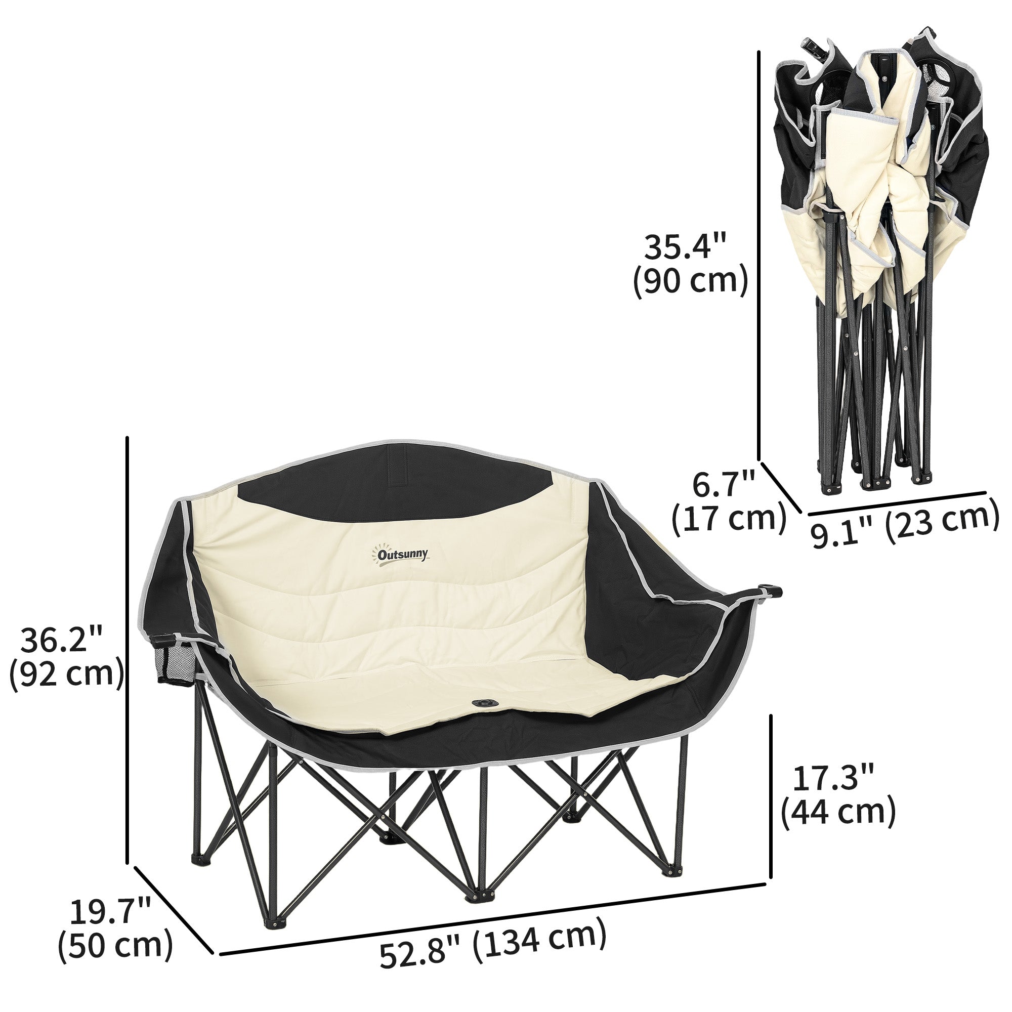 Outsunny Double Camping Chair, Portable Camp Chair with Cup Holder, Wine Glass Holder and Carry Bag, Padded Folding Loveseat for Hiking, Picnic, Beach, Support 551 lbs, Khaki