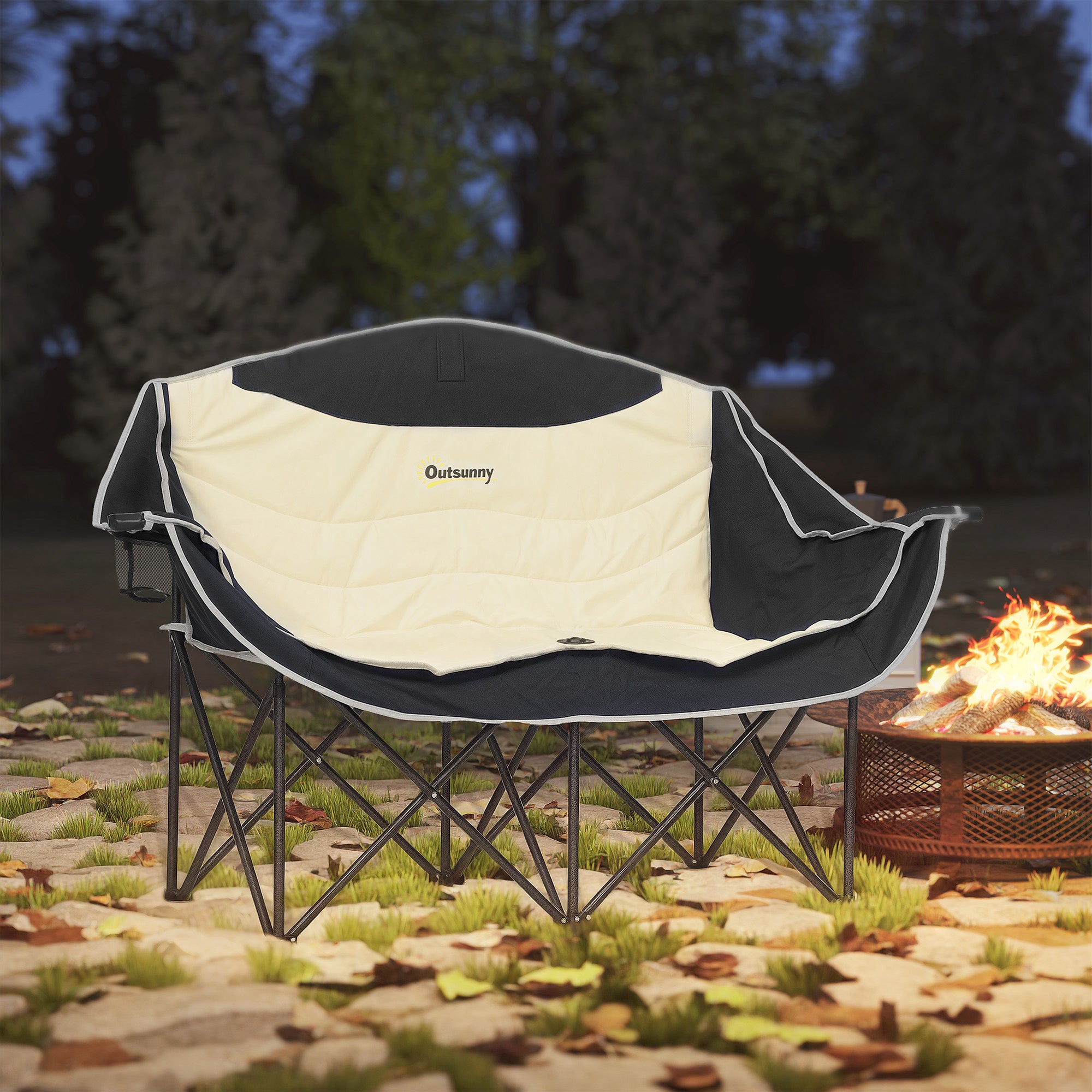 Outsunny Double Camping Chair, Portable Camp Chair with Cup Holder, Wine Glass Holder and Carry Bag, Padded Folding Loveseat for Hiking, Picnic, Beach, Support 551 lbs, Khaki