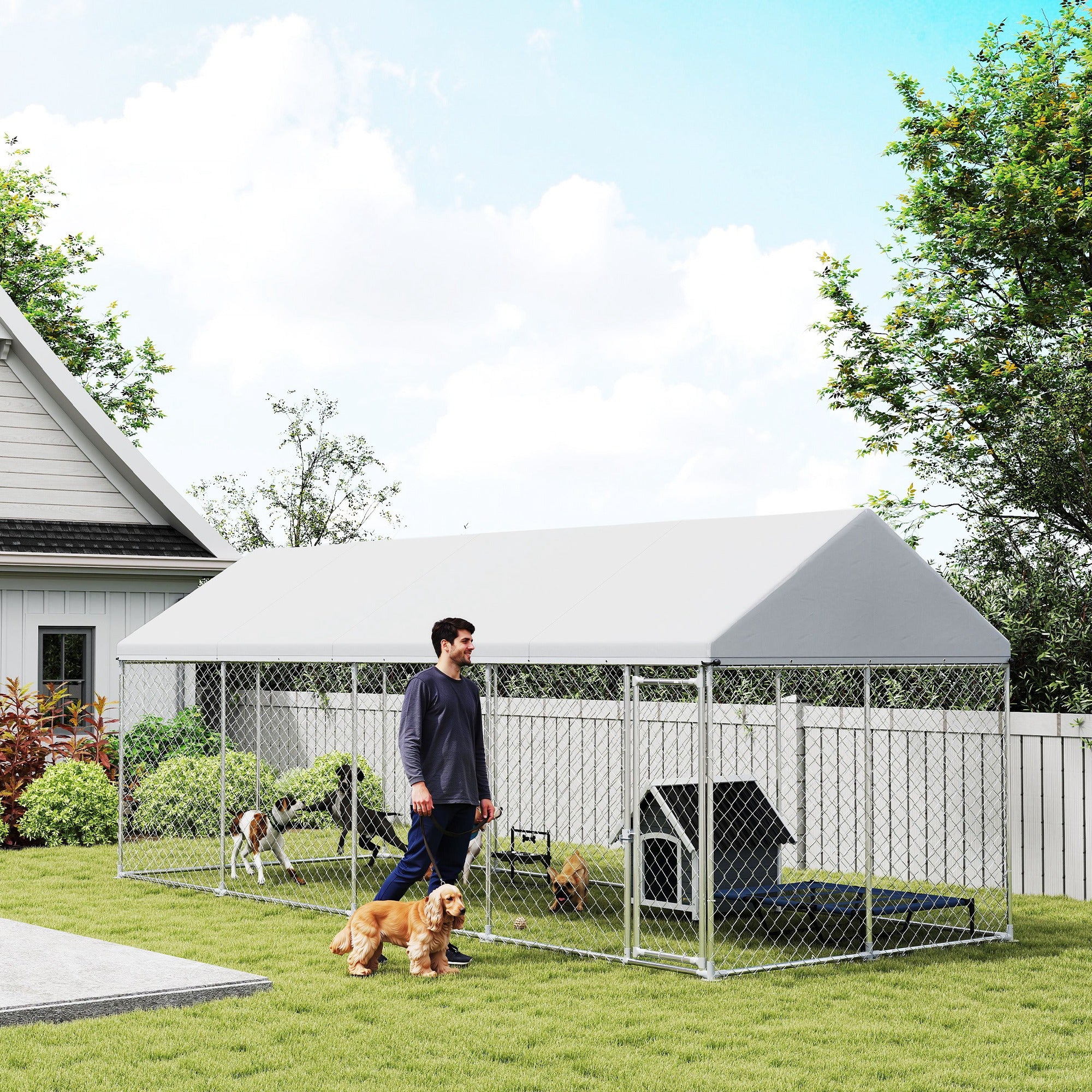 PawHut Outdoor Dog Kennel, 19.7' x 7.5' x 7.9', Heavy Duty Large Dog Kennel Outside with Waterproof Roof, Galvanized Chain Link Dog Enclosure with Secure Lock, Dog Run Steel Fence for Backyard