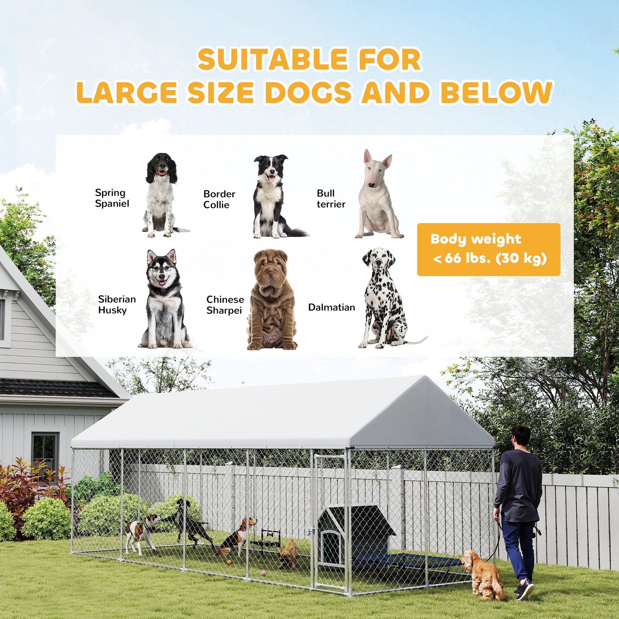 PawHut Outdoor Dog Kennel, 19.7' x 7.5' x 7.9', Heavy Duty Large Dog Kennel Outside with Waterproof Roof, Galvanized Chain Link Dog Enclosure with Secure Lock, Dog Run Steel Fence for Backyard