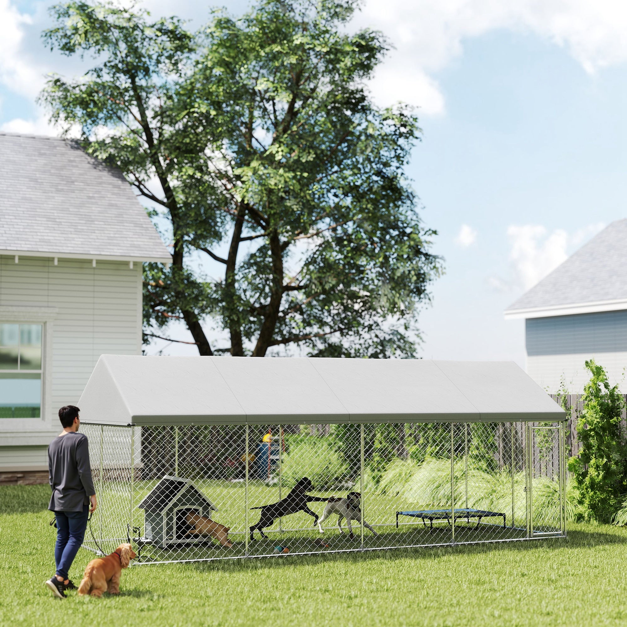 PawHut Outdoor Dog Kennel, 19.7' x 7.5' x 7.9', Heavy Duty Large Dog Kennel Outside with Waterproof Roof, Galvanized Chain Link Dog Enclosure with Secure Lock, Dog Run Steel Fence for Backyard