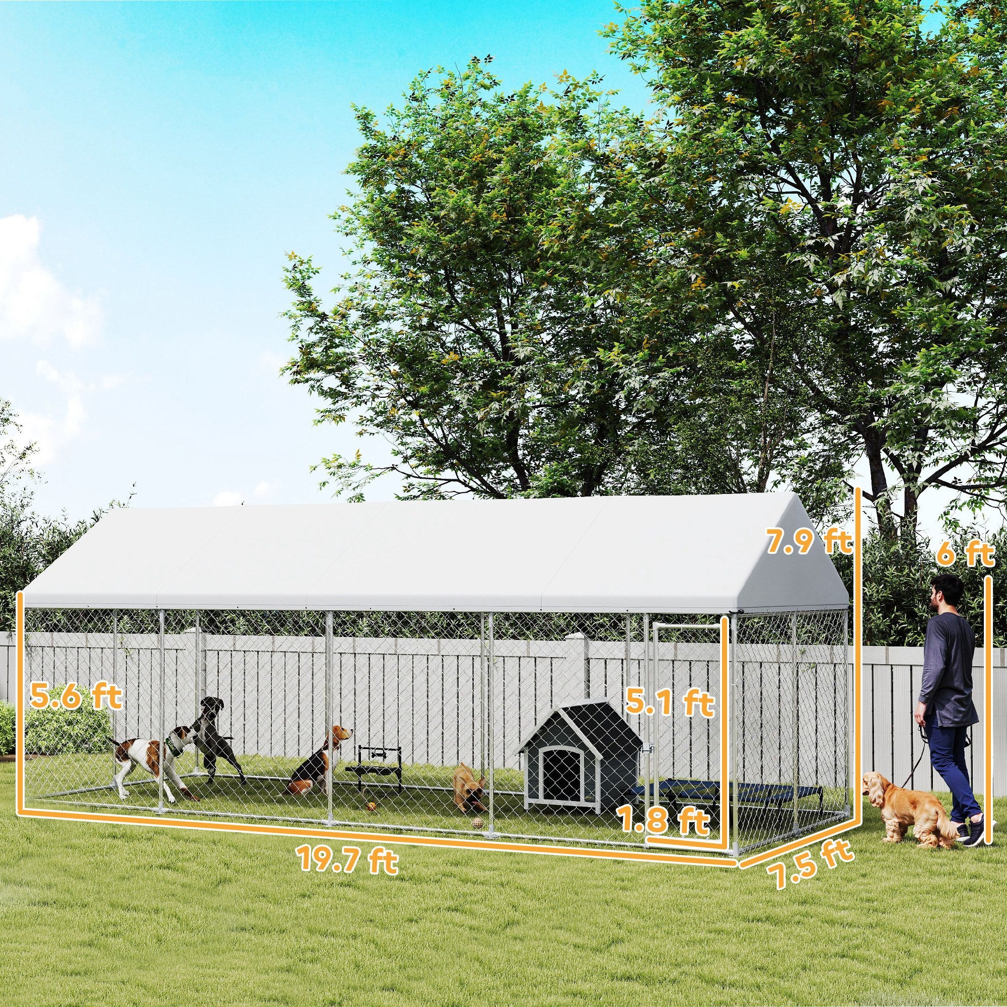 PawHut Outdoor Dog Kennel, 19.7' x 7.5' x 7.9', Heavy Duty Large Dog Kennel Outside with Waterproof Roof, Galvanized Chain Link Dog Enclosure with Secure Lock, Dog Run Steel Fence for Backyard