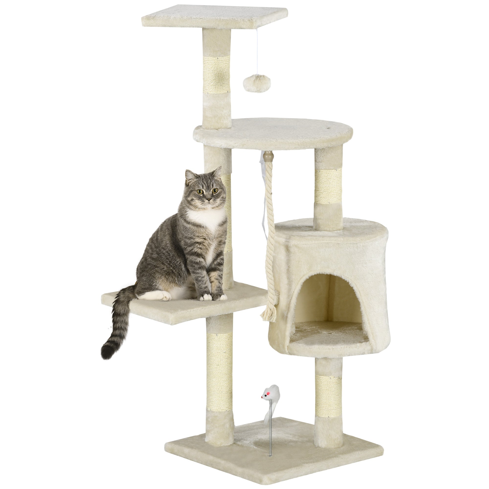 PawHut 46Inch Scratching Cat Tree, Multi Level Cat Tower for Large Cats Adult with Toys and Condo, Beige