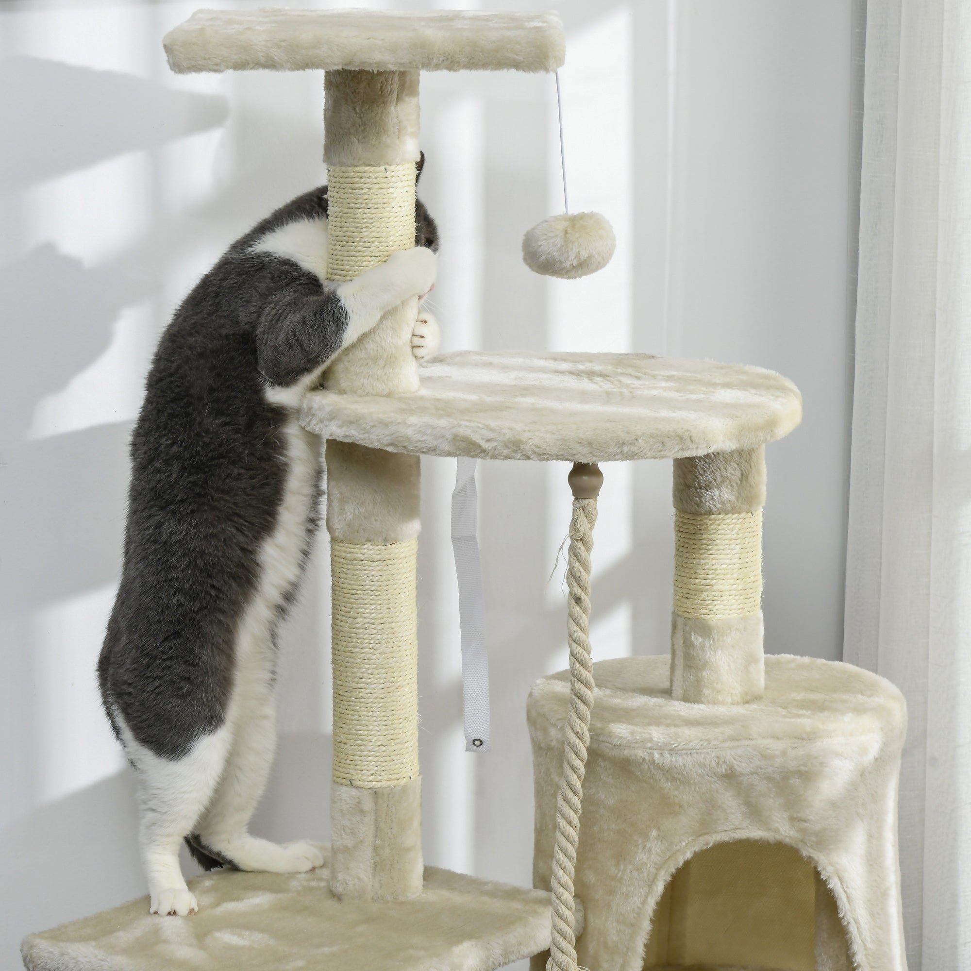 PawHut 46Inch Scratching Cat Tree, Multi Level Cat Tower for Large Cats Adult with Toys and Condo, Beige
