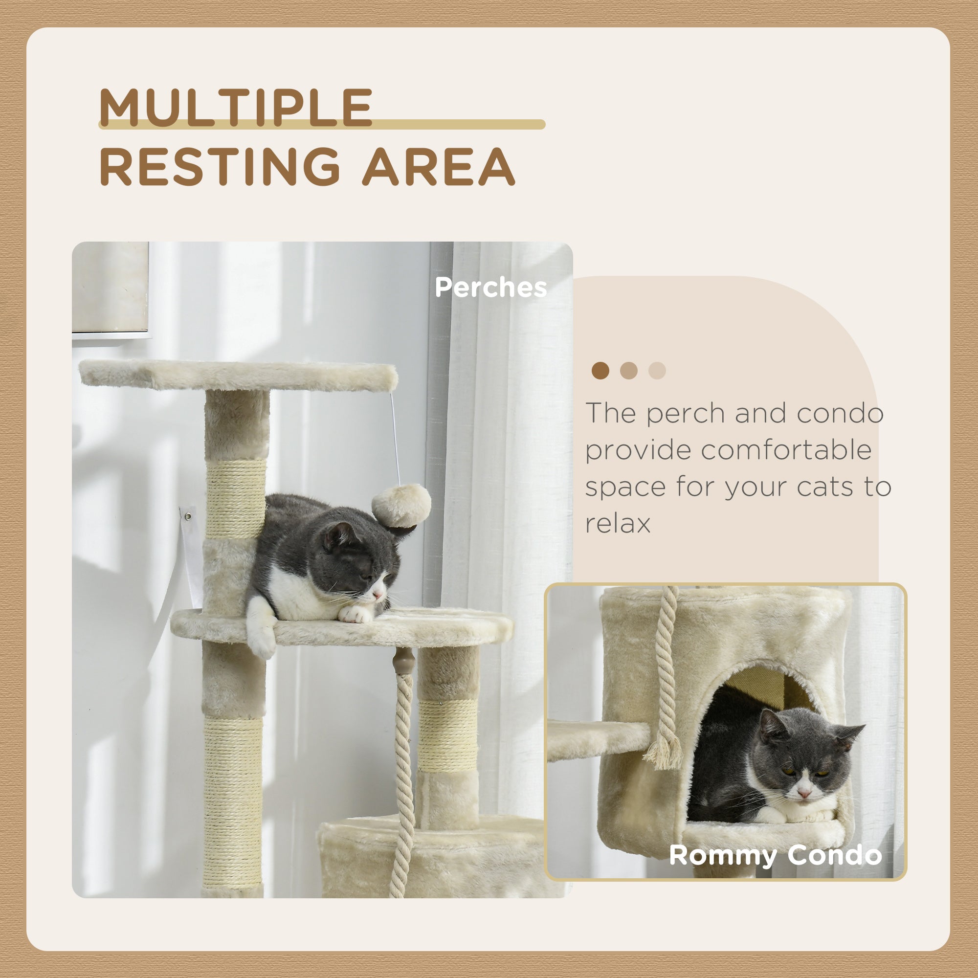PawHut 46Inch Scratching Cat Tree, Multi Level Cat Tower for Large Cats Adult with Toys and Condo, Beige