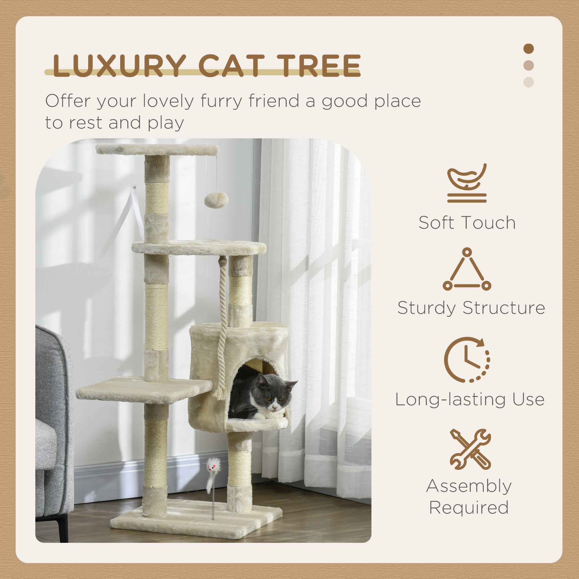 PawHut 46Inch Scratching Cat Tree, Multi Level Cat Tower for Large Cats Adult with Toys and Condo, Beige