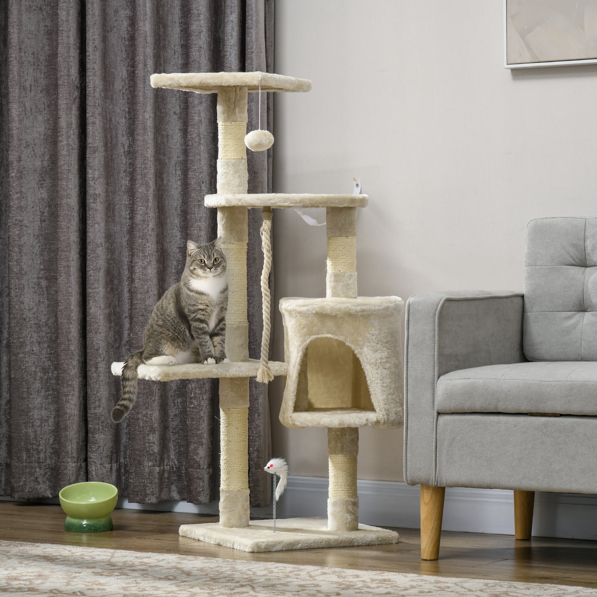 PawHut 46Inch Scratching Cat Tree, Multi Level Cat Tower for Large Cats Adult with Toys and Condo, Beige