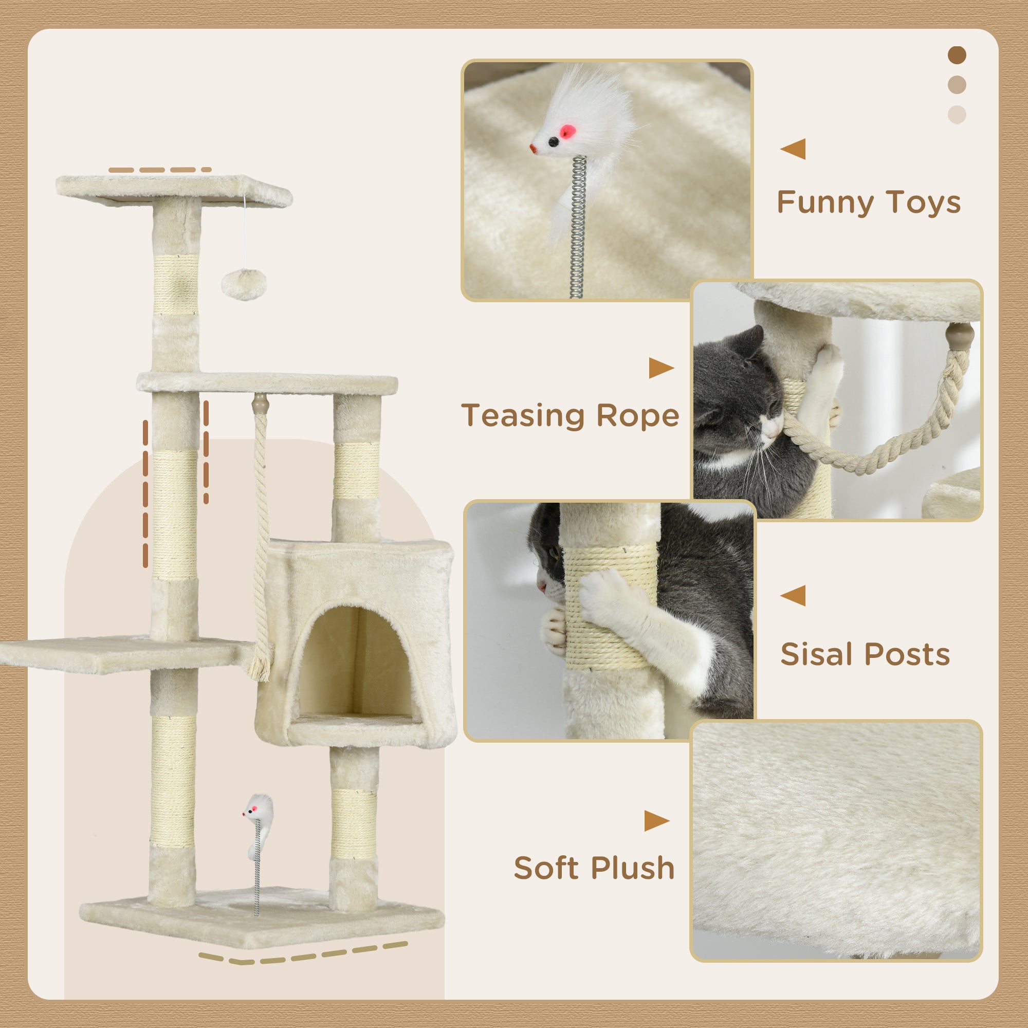 PawHut 46Inch Scratching Cat Tree, Multi Level Cat Tower for Large Cats Adult with Toys and Condo, Beige