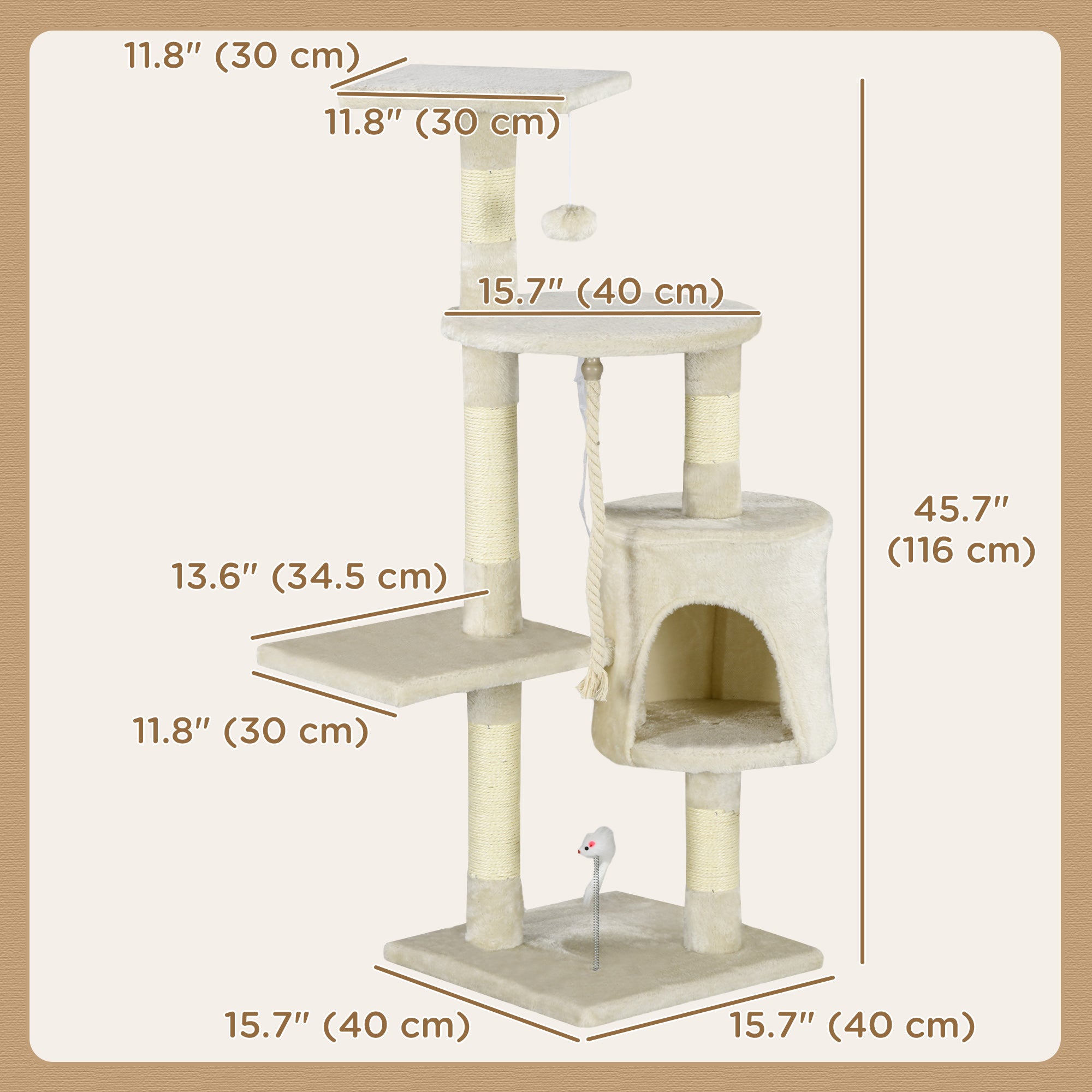 PawHut 46Inch Scratching Cat Tree, Multi Level Cat Tower for Large Cats Adult with Toys and Condo, Beige