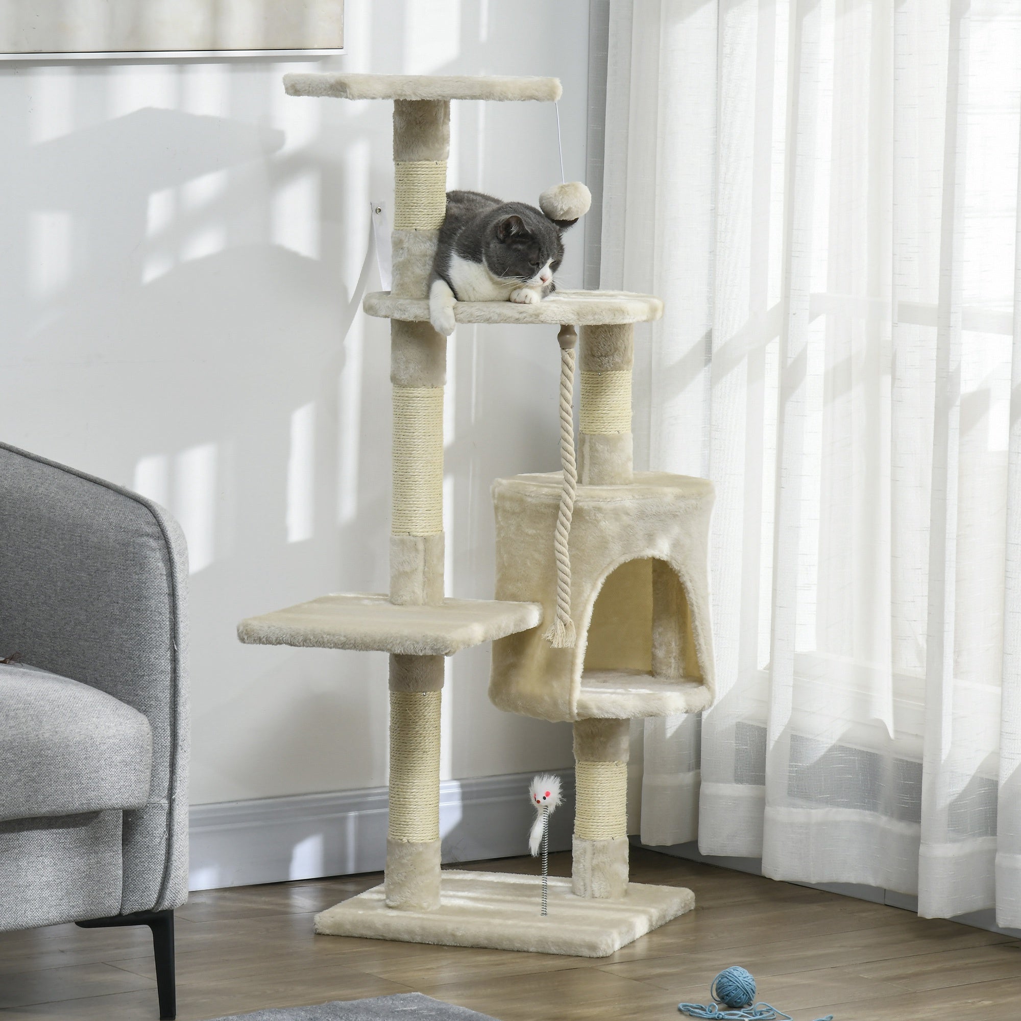 PawHut 46Inch Scratching Cat Tree, Multi Level Cat Tower for Large Cats Adult with Toys and Condo, Beige