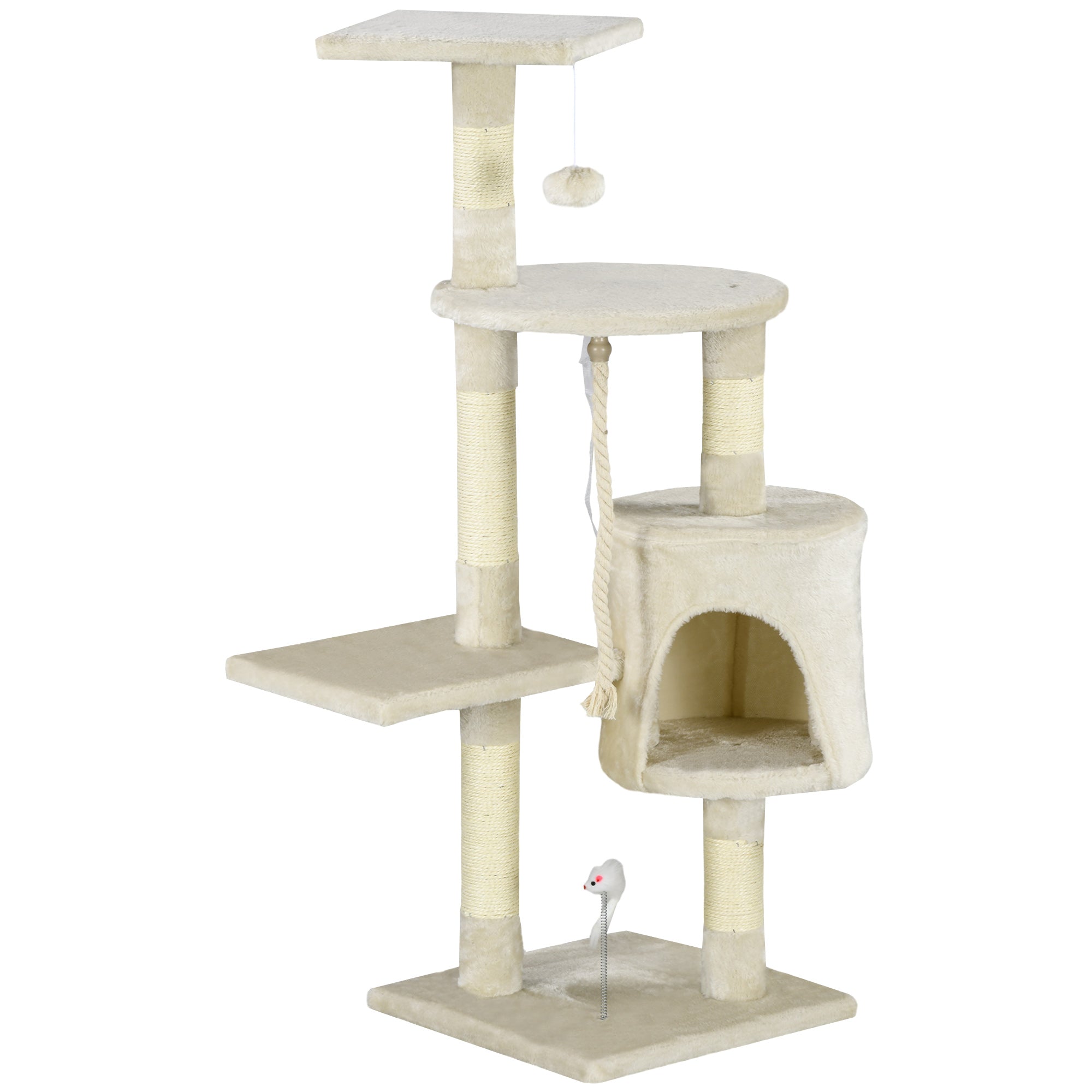 PawHut 46Inch Scratching Cat Tree, Multi Level Cat Tower for Large Cats Adult with Toys and Condo, Beige