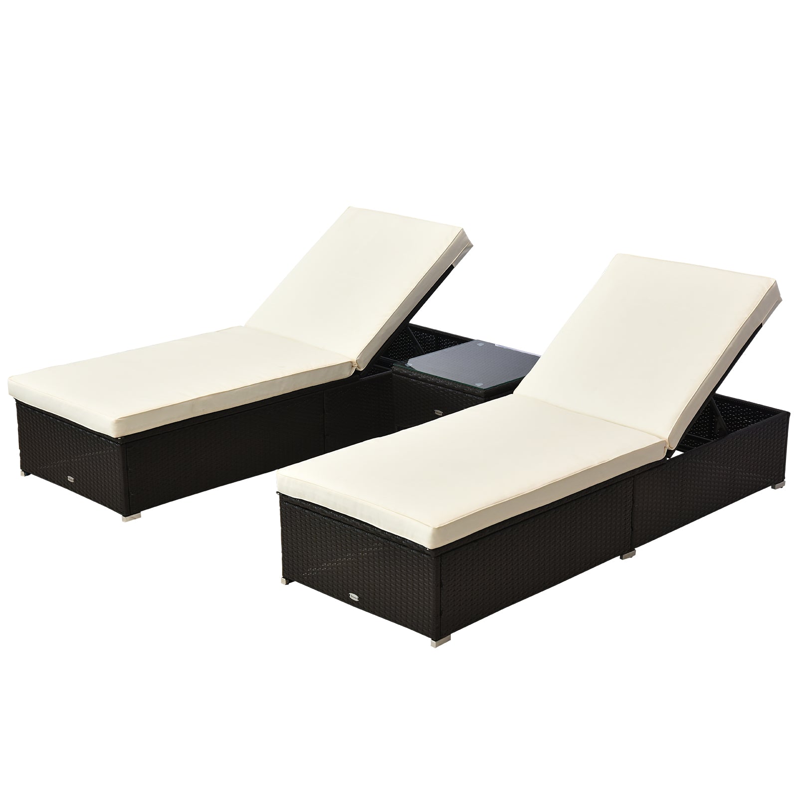 Outsunny 3pc Chaise Lounge Chair Set w/Side Table Outdoor Patio Synthetic Rattan Wicker Sun Bed Set with Cushion All Weather, Cream White