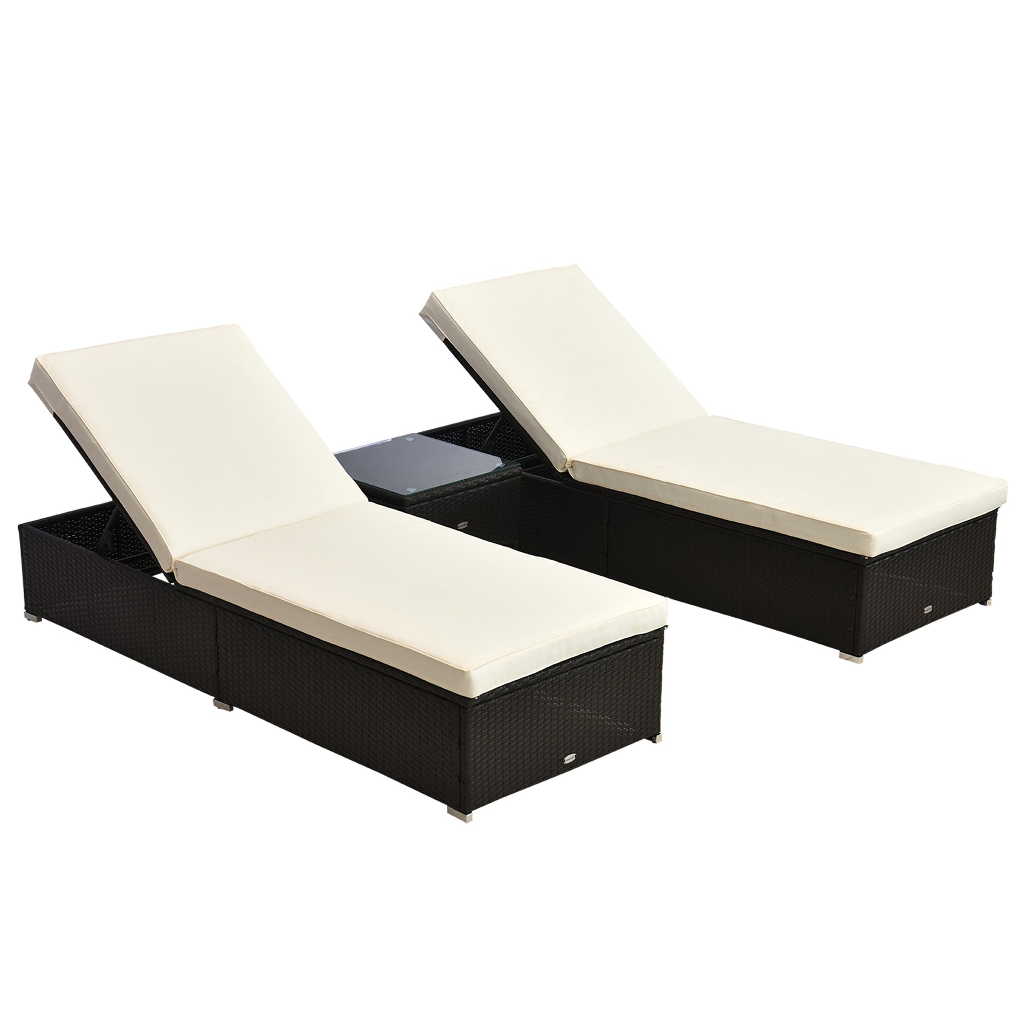 Outsunny 3pc Chaise Lounge Chair Set w/Side Table Outdoor Patio Synthetic Rattan Wicker Sun Bed Set with Cushion All Weather, Cream White