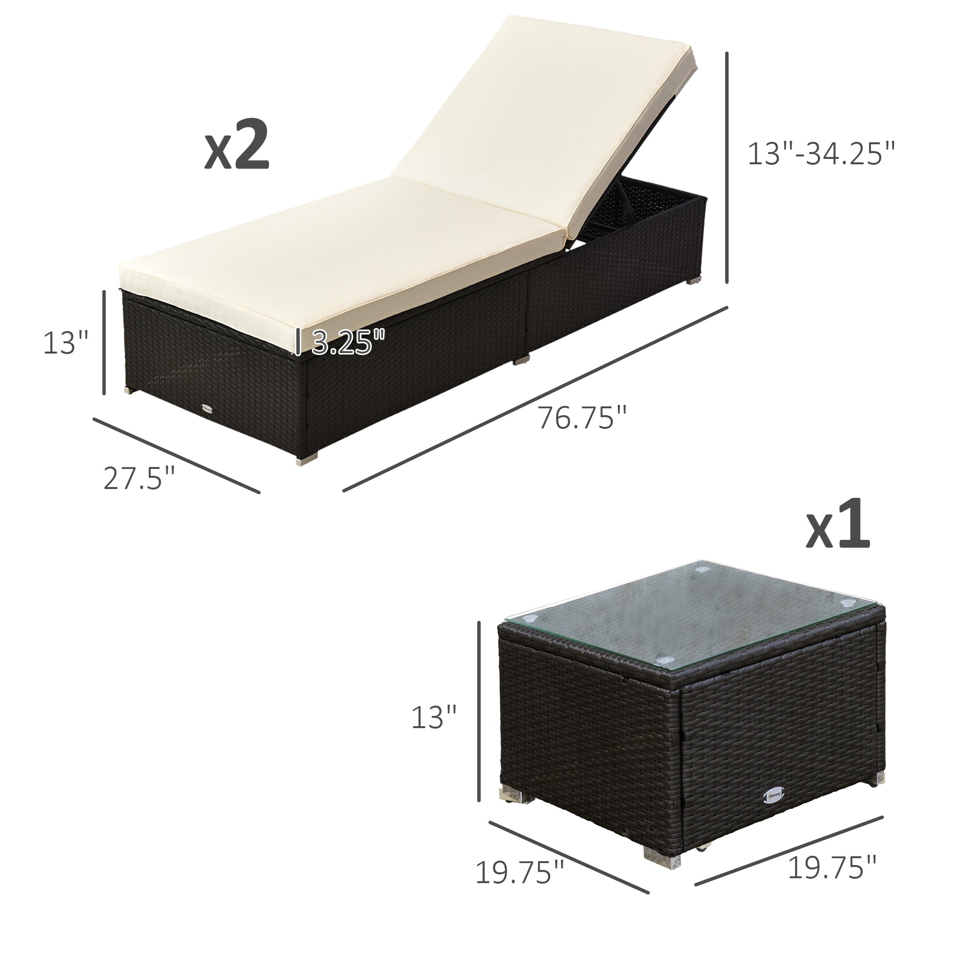 Outsunny 3pc Chaise Lounge Chair Set w/Side Table Outdoor Patio Synthetic Rattan Wicker Sun Bed Set with Cushion All Weather, Cream White