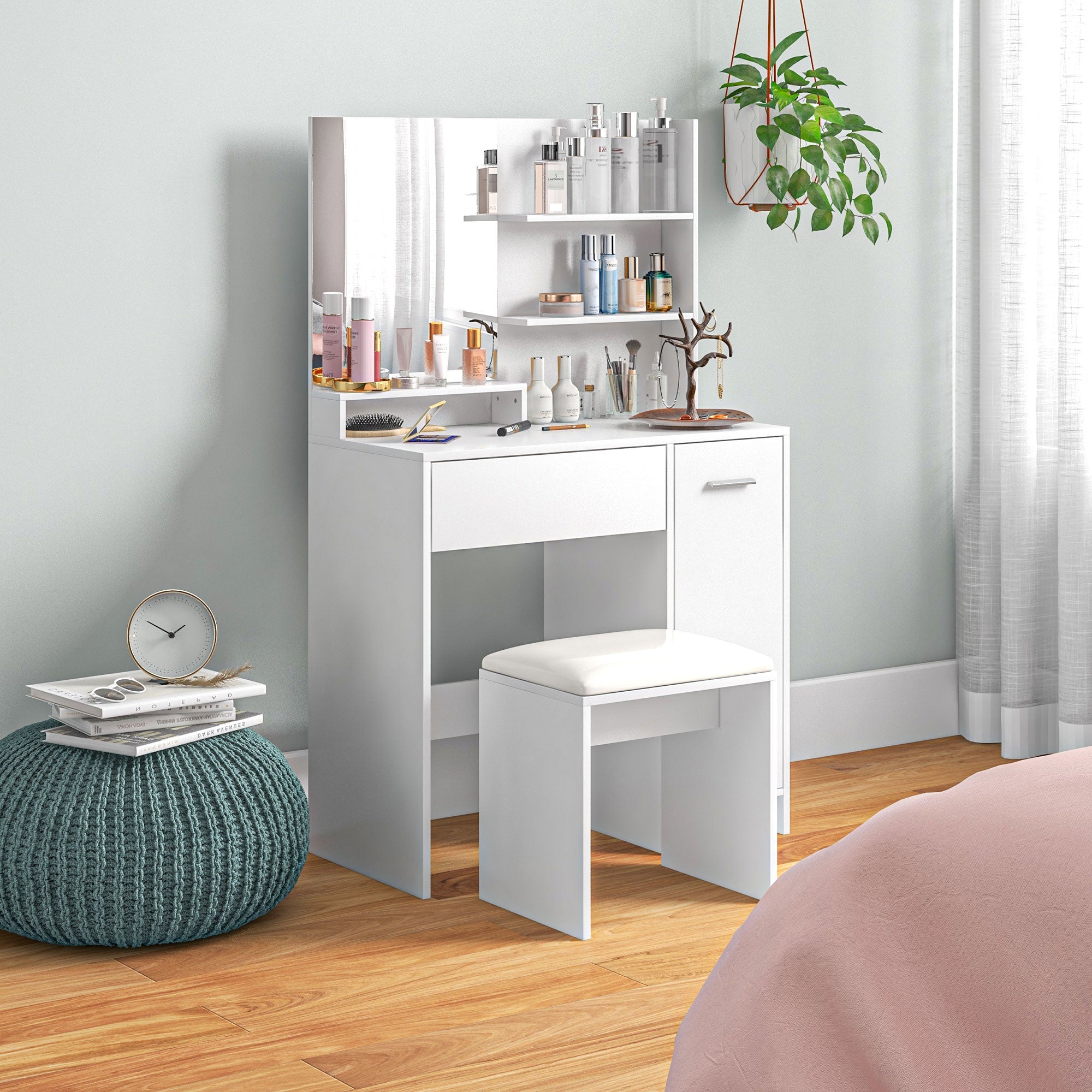 HOMCOM Vanity Desk with Mirror, Makeup Vanity Table, Vanity Set with Cushioned Stool, Storage Drawer, Cabinet and Adjustable Shelf for Bedroom, White