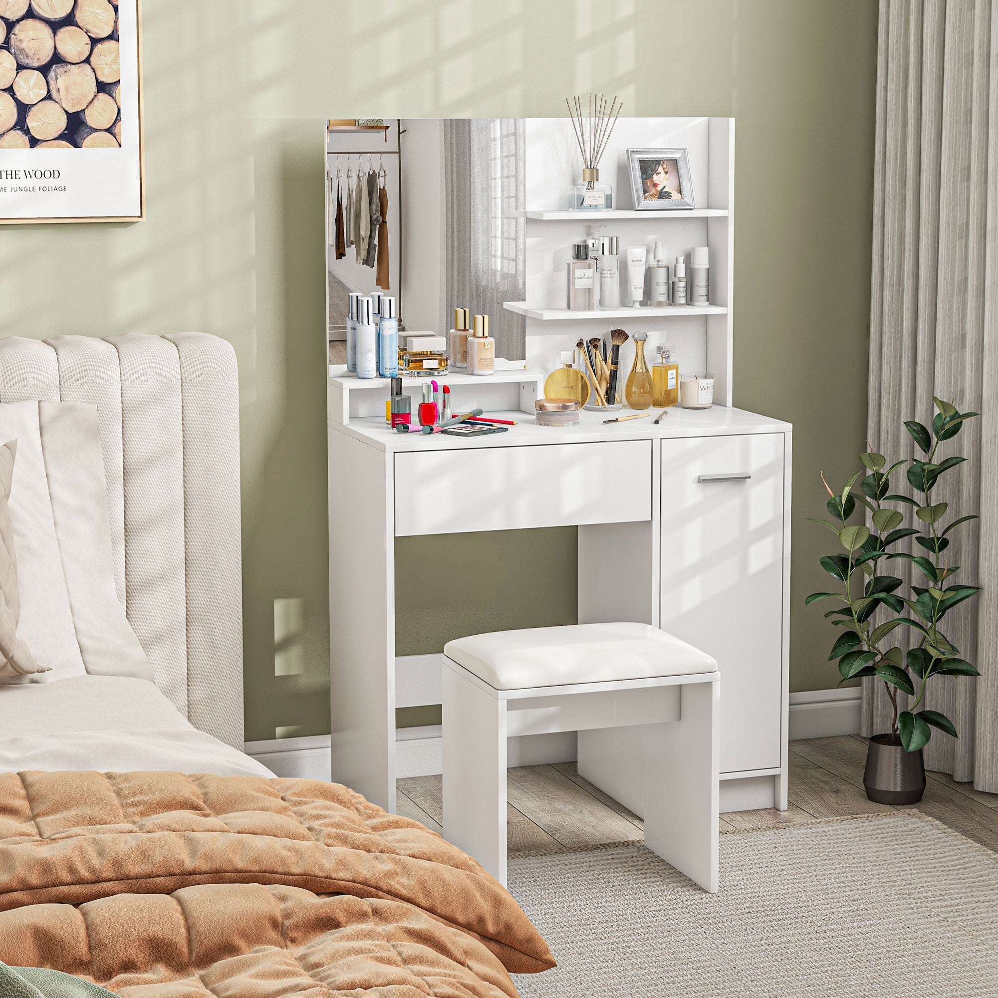 HOMCOM Vanity Desk with Mirror, Makeup Vanity Table, Vanity Set with Cushioned Stool, Storage Drawer, Cabinet and Adjustable Shelf for Bedroom, White