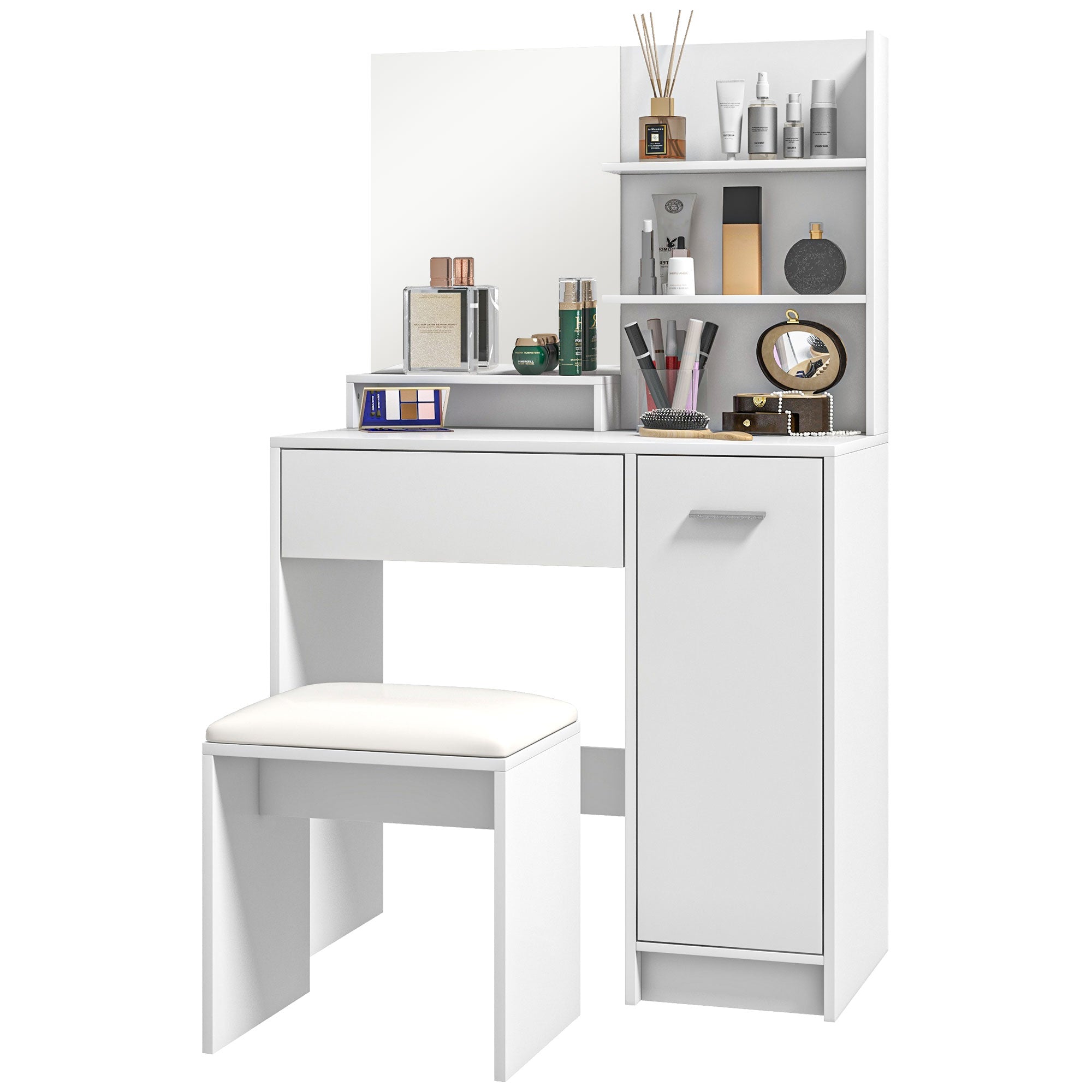 HOMCOM Vanity Desk with Mirror, Makeup Vanity Table, Vanity Set with Cushioned Stool, Storage Drawer, Cabinet and Adjustable Shelf for Bedroom, White